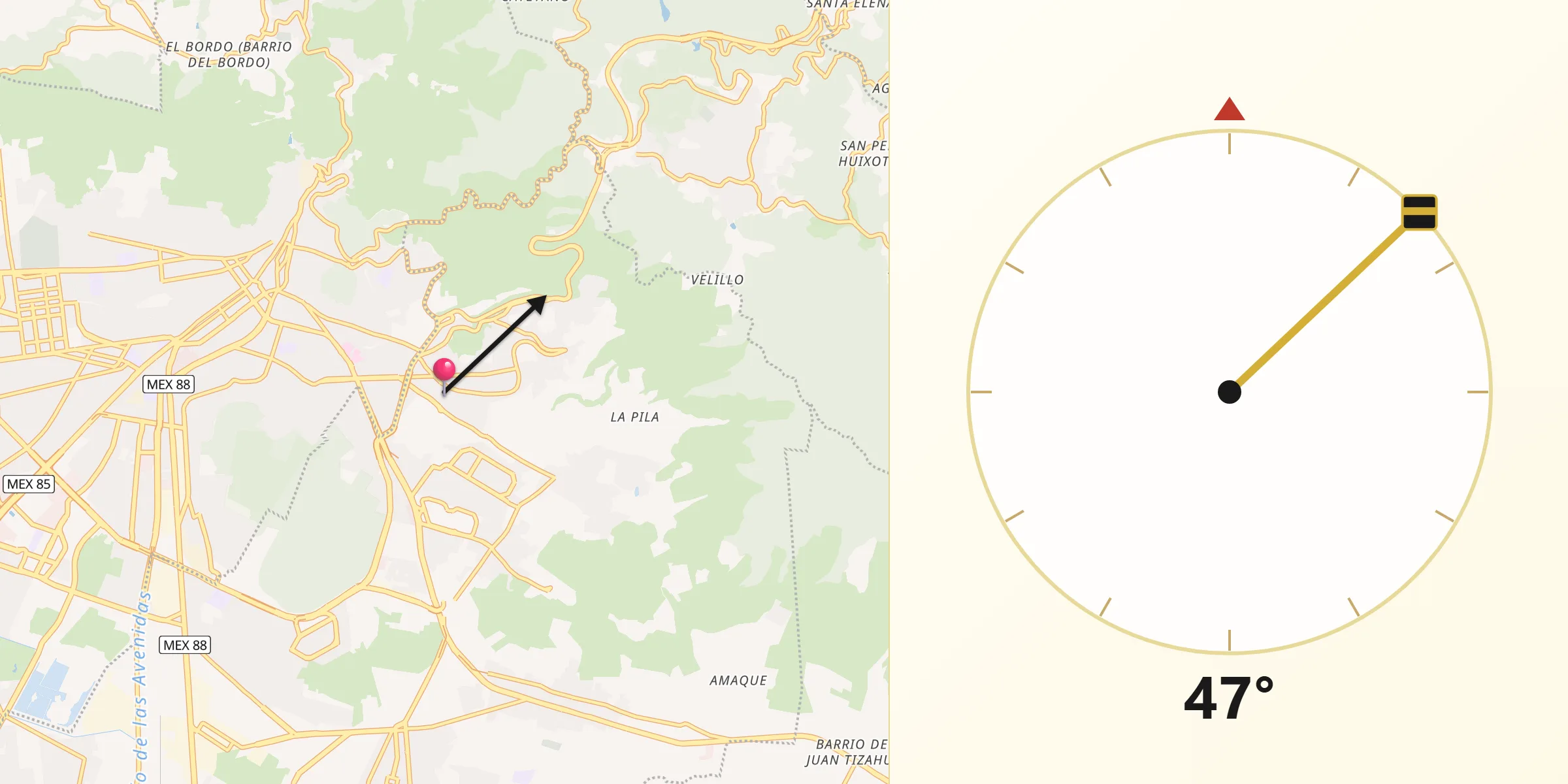 Dirección de la Qibla desde Santiago Jaltepec
