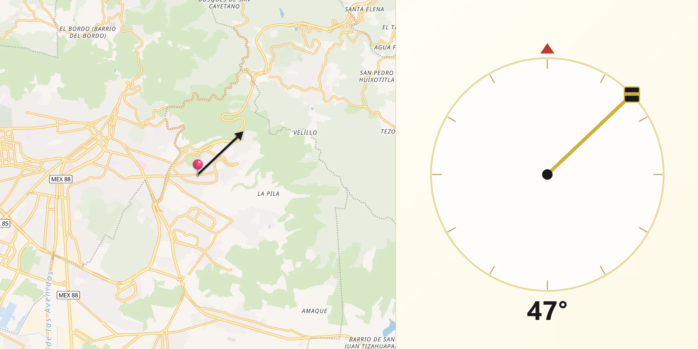 Dirección de la Qibla desde Manuel Ávila Camacho