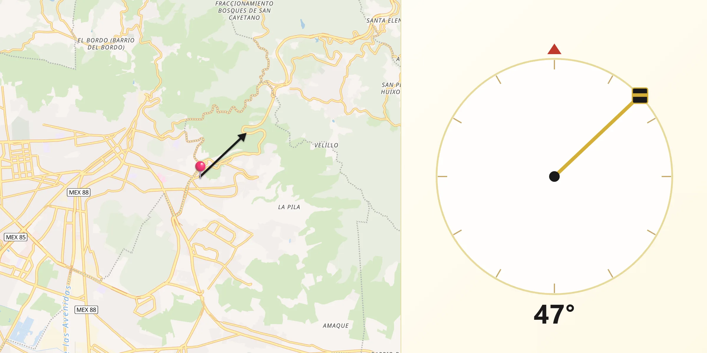 Dirección de la Qibla desde Rio de la Soledad