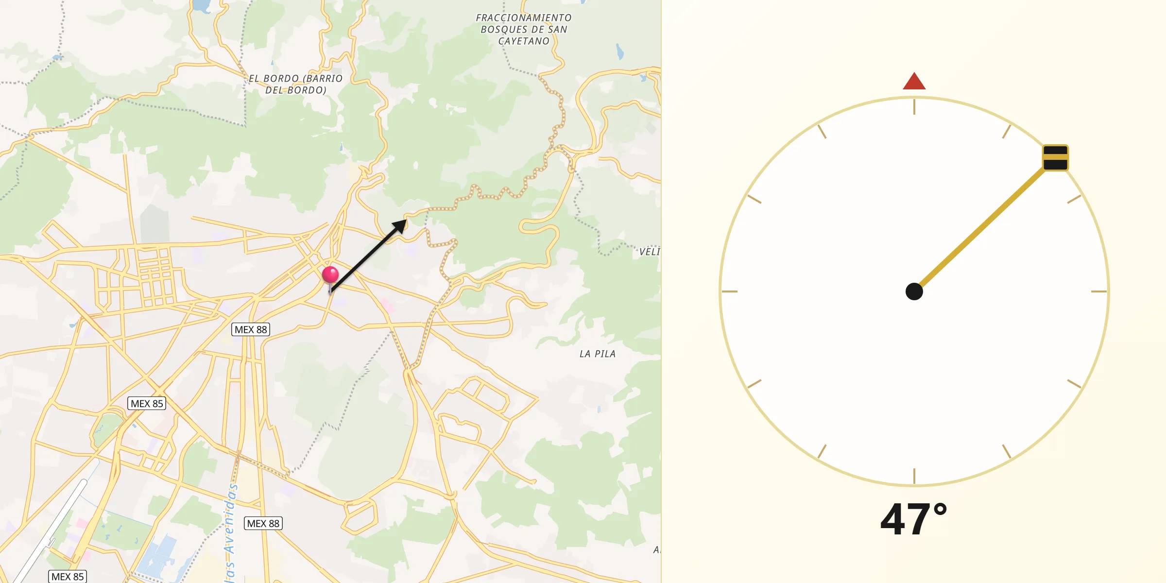 Dirección de la Qibla desde Pachuca