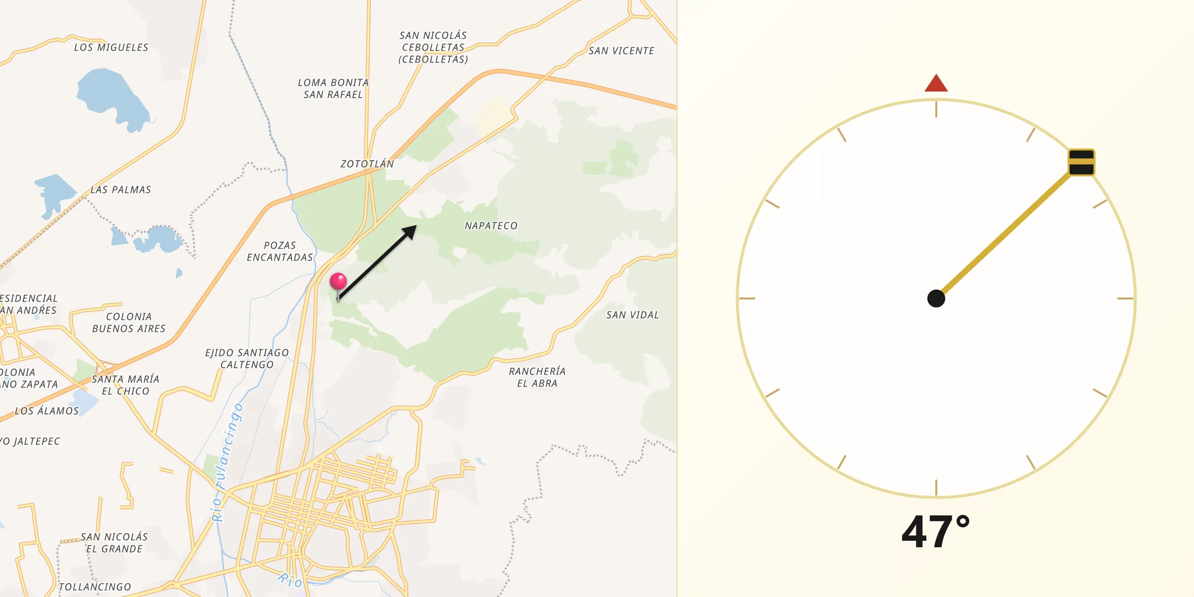 Dirección de la Qibla desde Tulancingo de Bravo