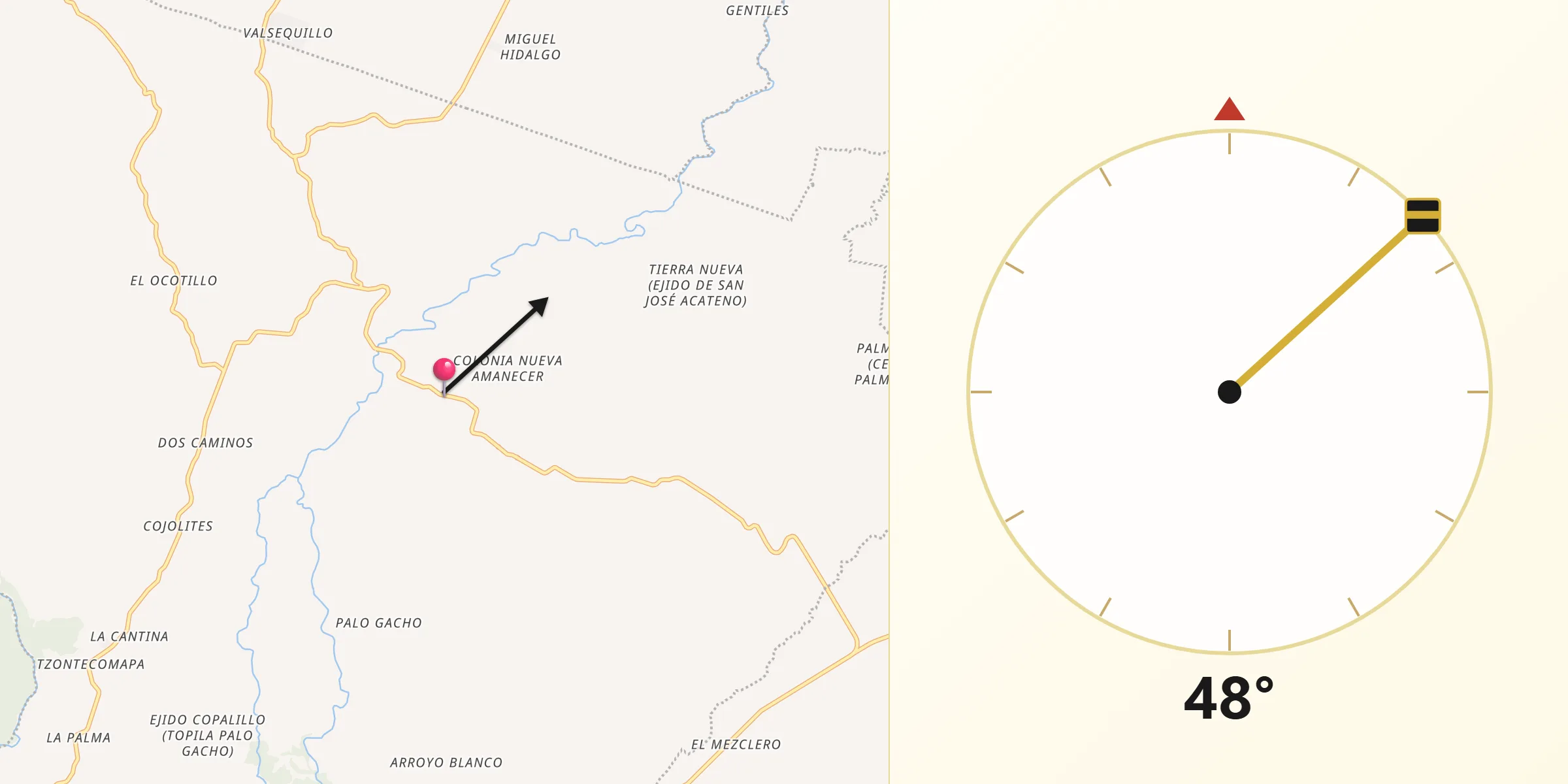 Dirección de la Qibla desde San José Acateno