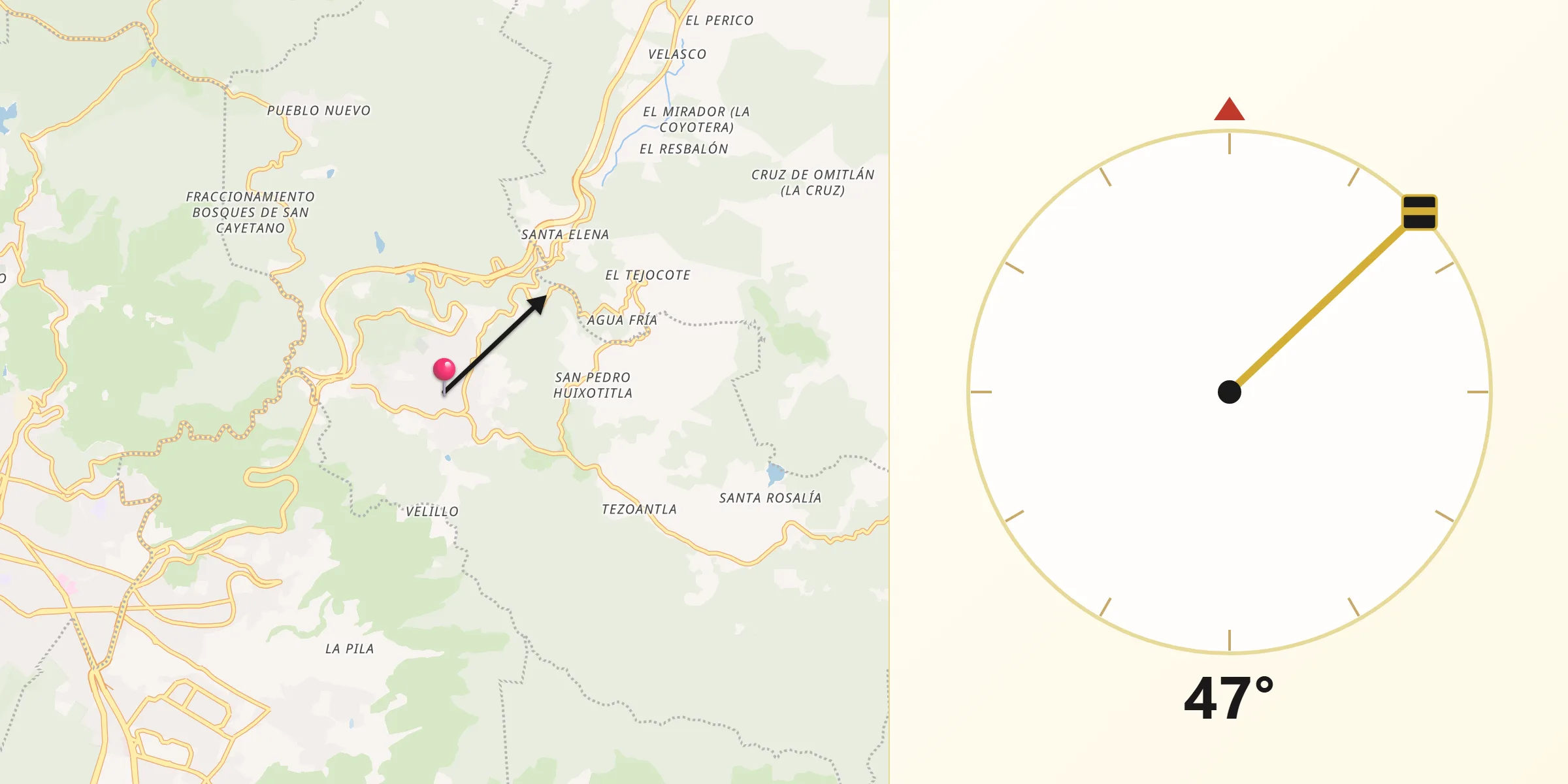Dirección de la Qibla desde Mineral del Monte