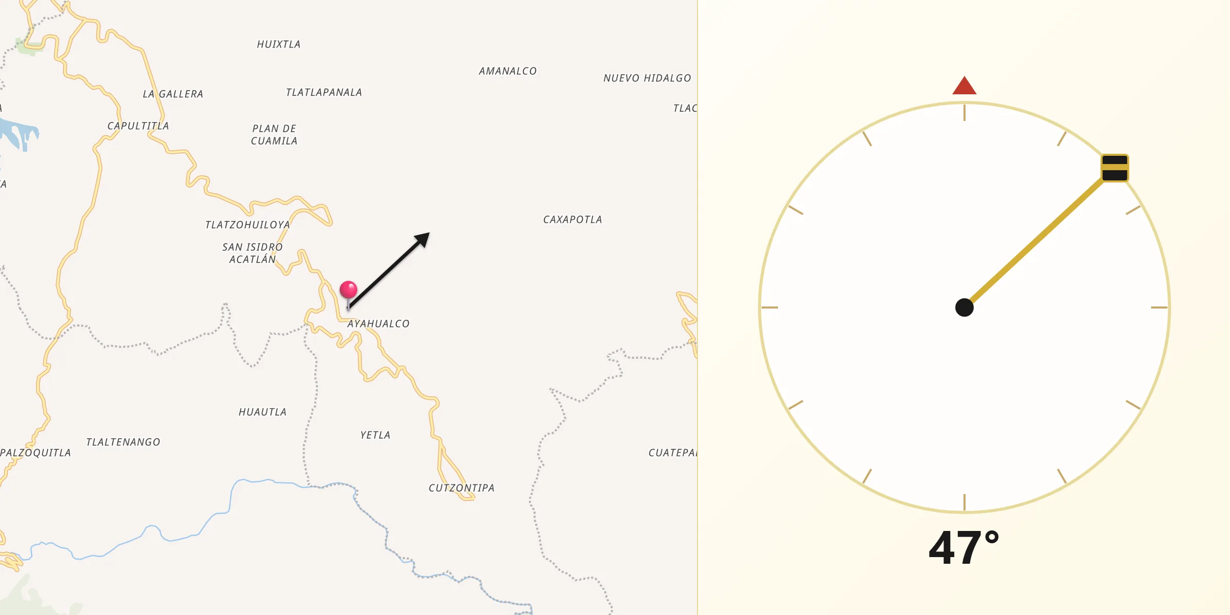 Dirección de la Qibla desde Tlaola