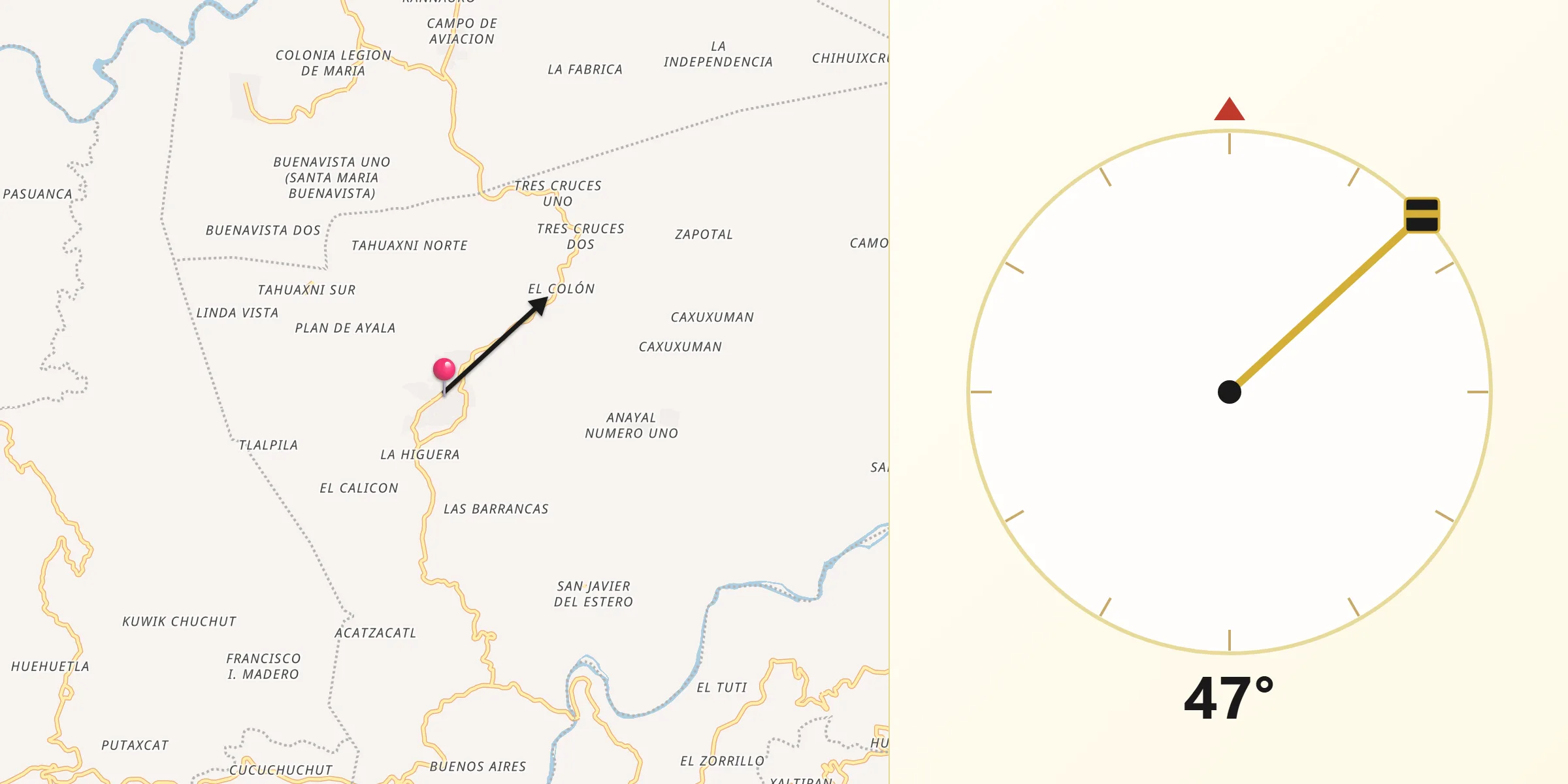 Dirección de la Qibla desde Zozocolco de Hidalgo