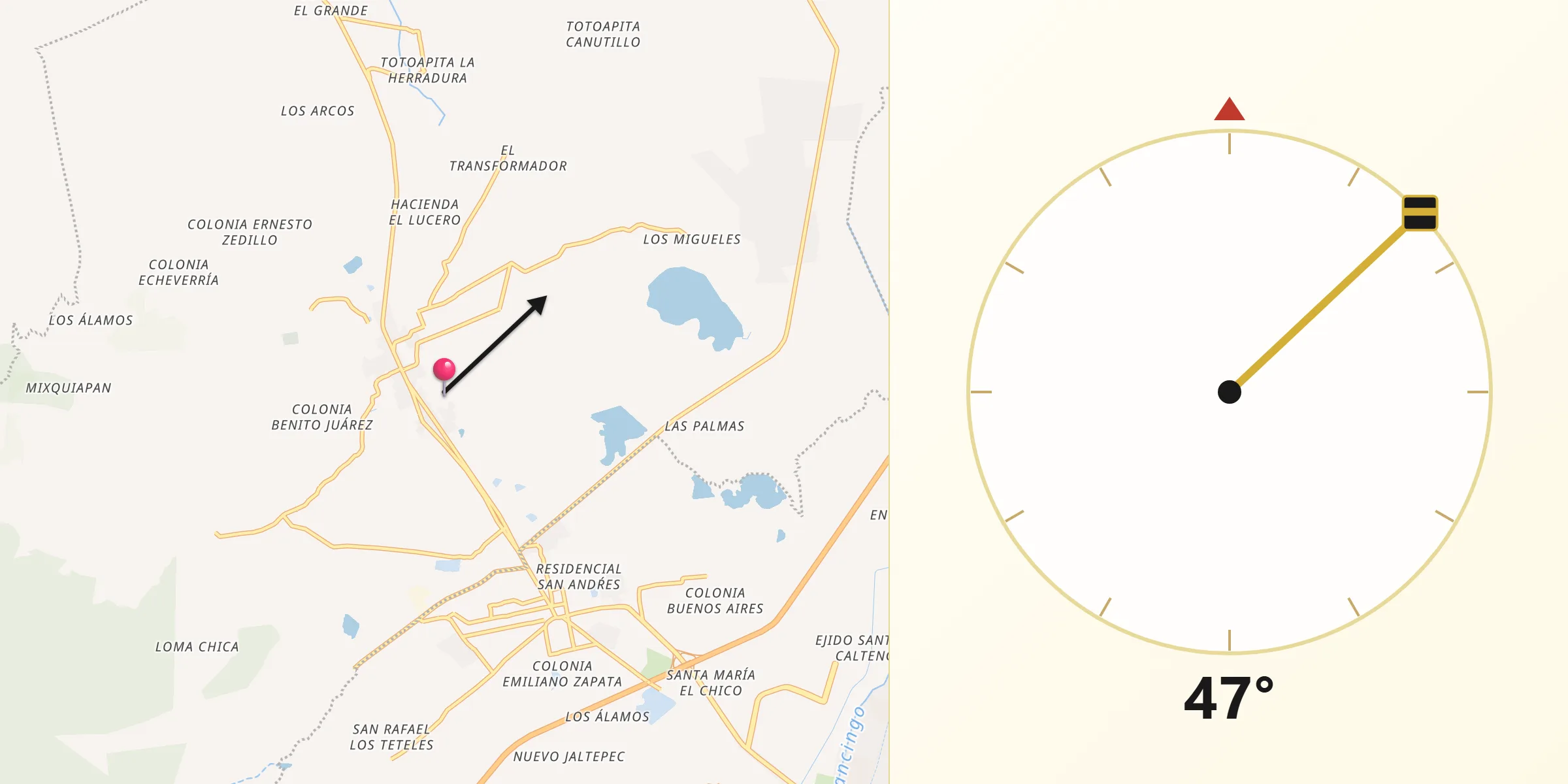 Dirección de la Qibla desde Metepec Primero