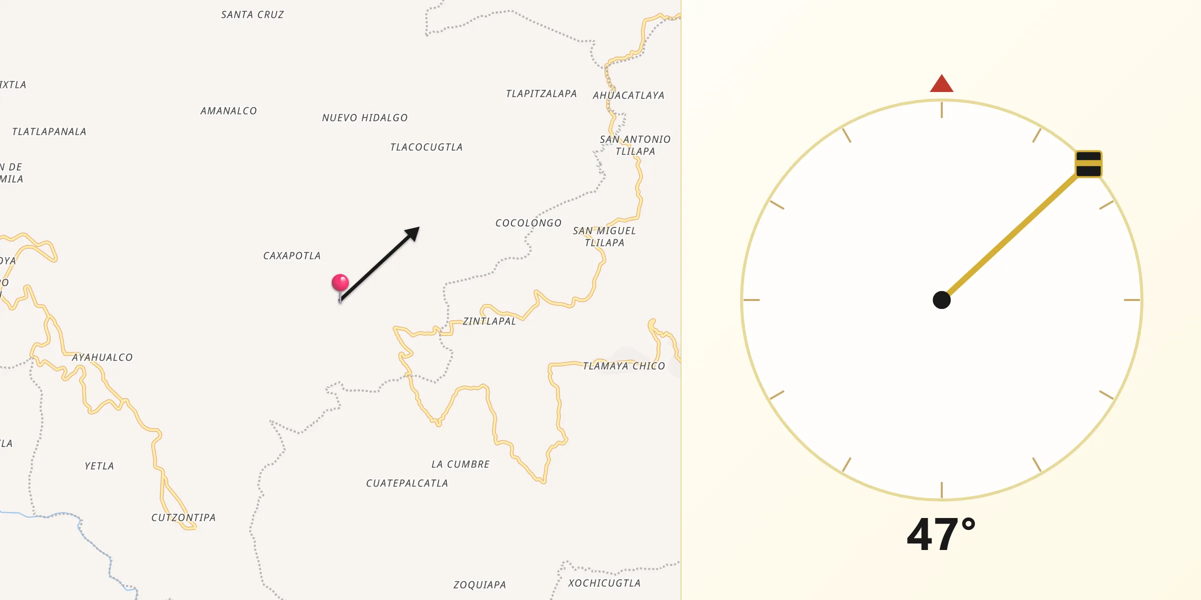 Dirección de la Qibla desde Tlaltepango