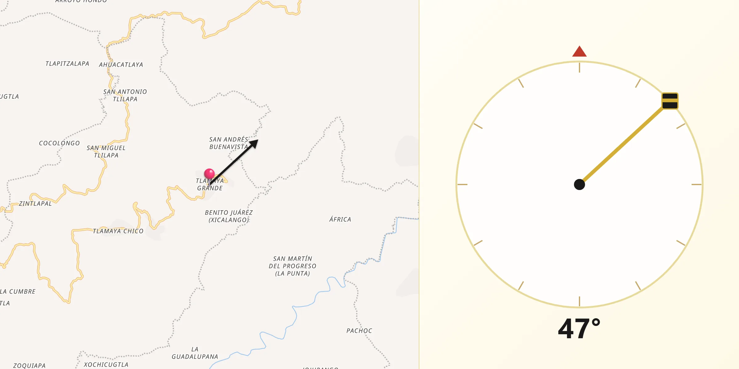Dirección de la Qibla desde Tlamaya Grande