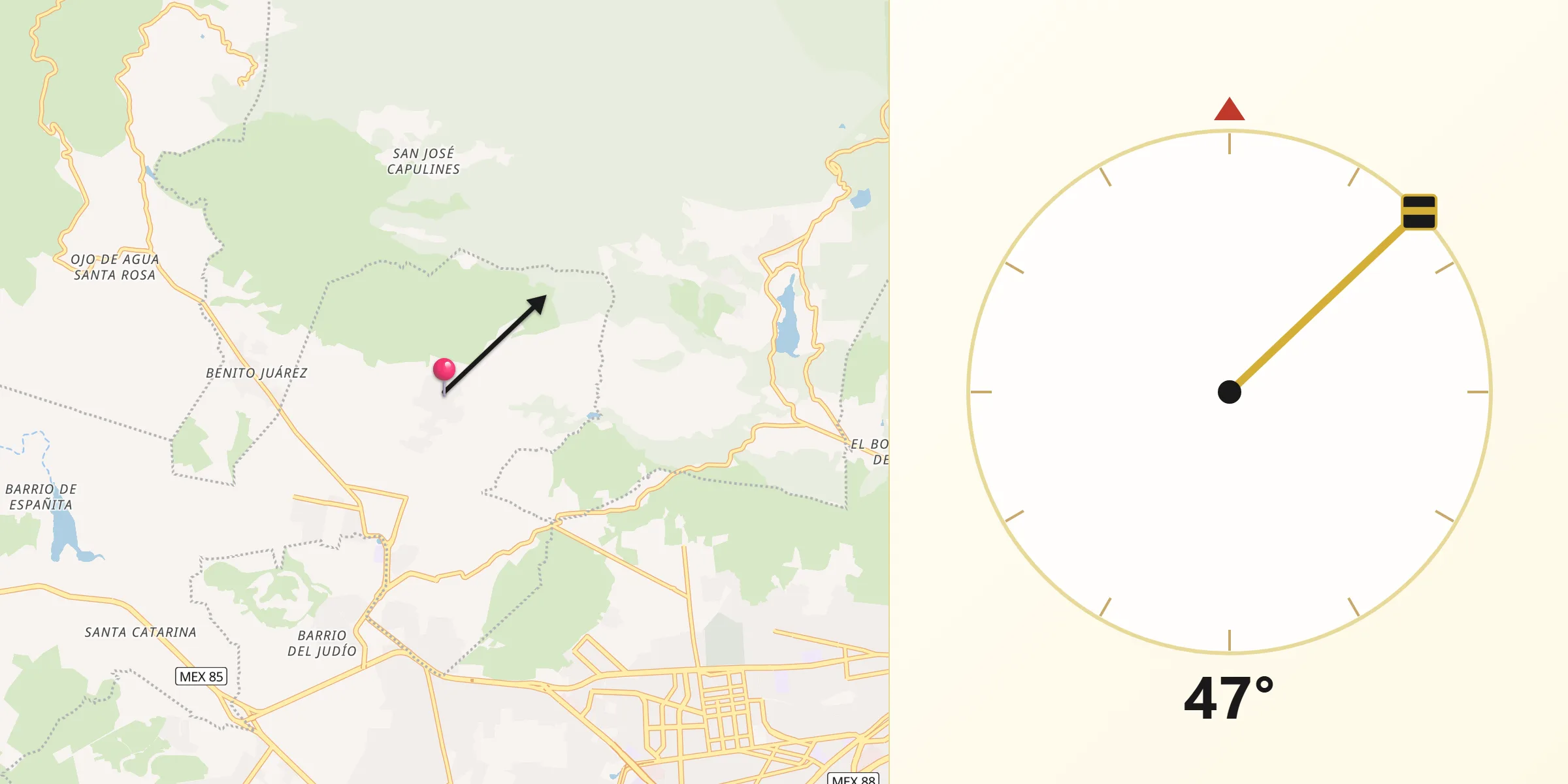 Dirección de la Qibla desde San Juan Tilcuautla