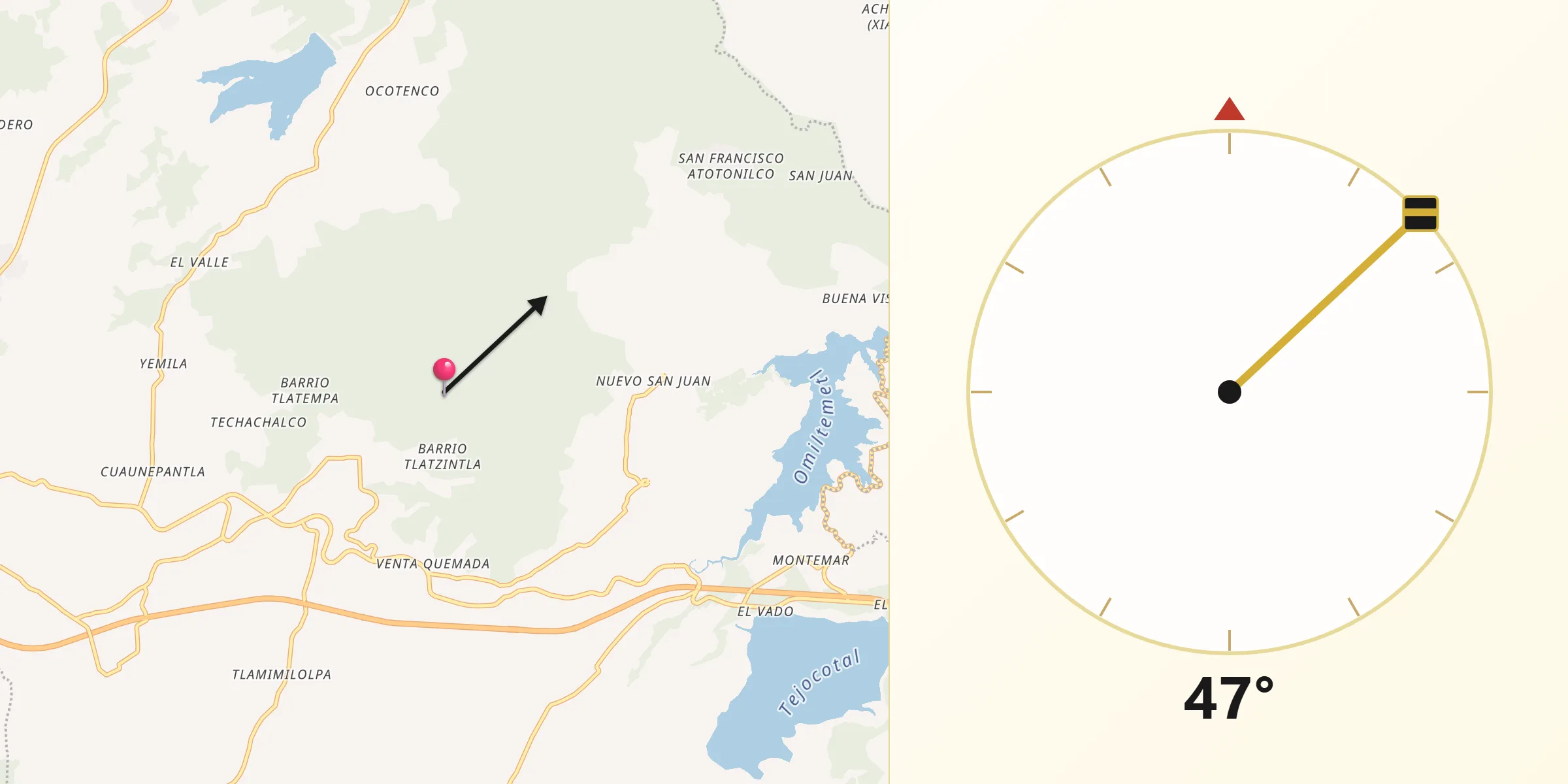 Dirección de la Qibla desde Acaxochitlán