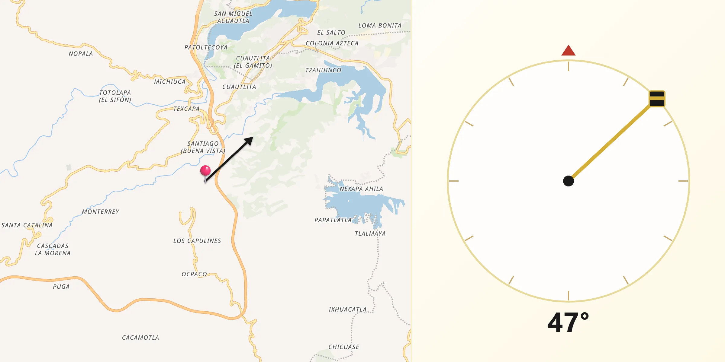 Dirección de la Qibla desde Cuacuila