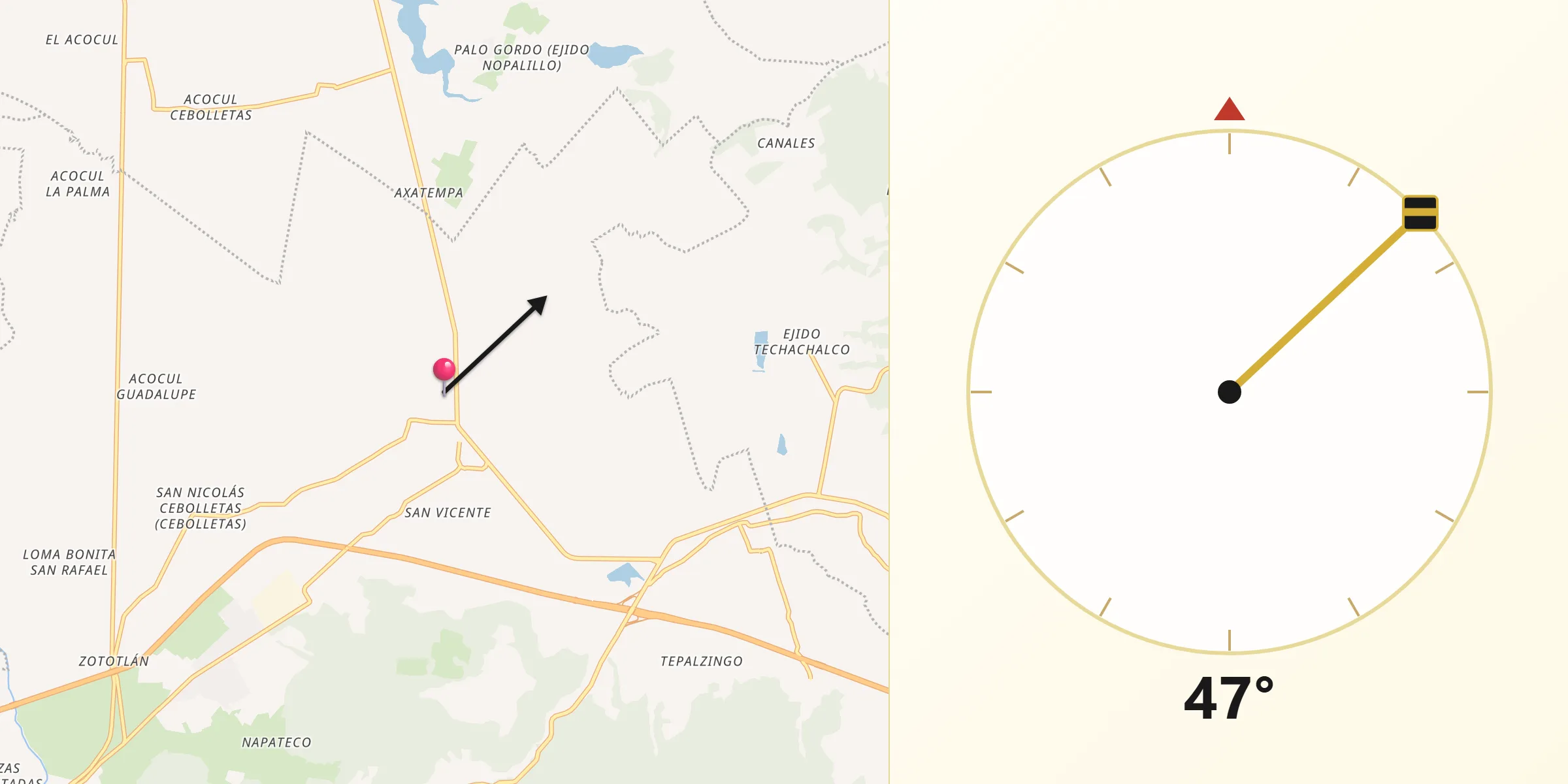 Dirección de la Qibla desde Santa Ana Hueytlalpan