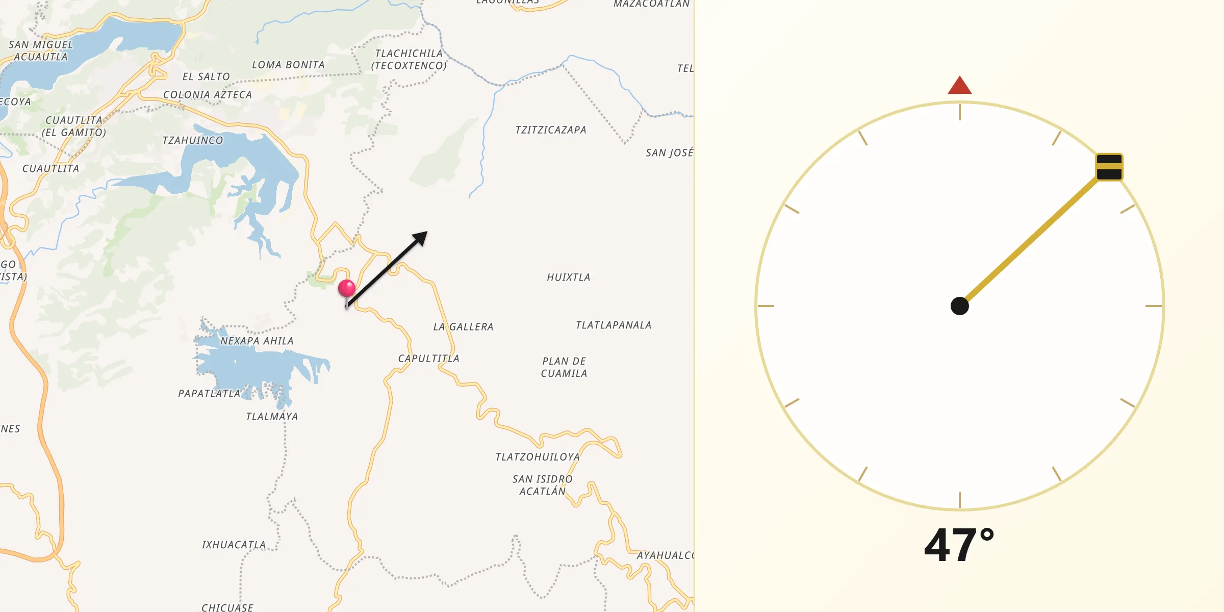 Dirección de la Qibla desde Xaltepuxtla