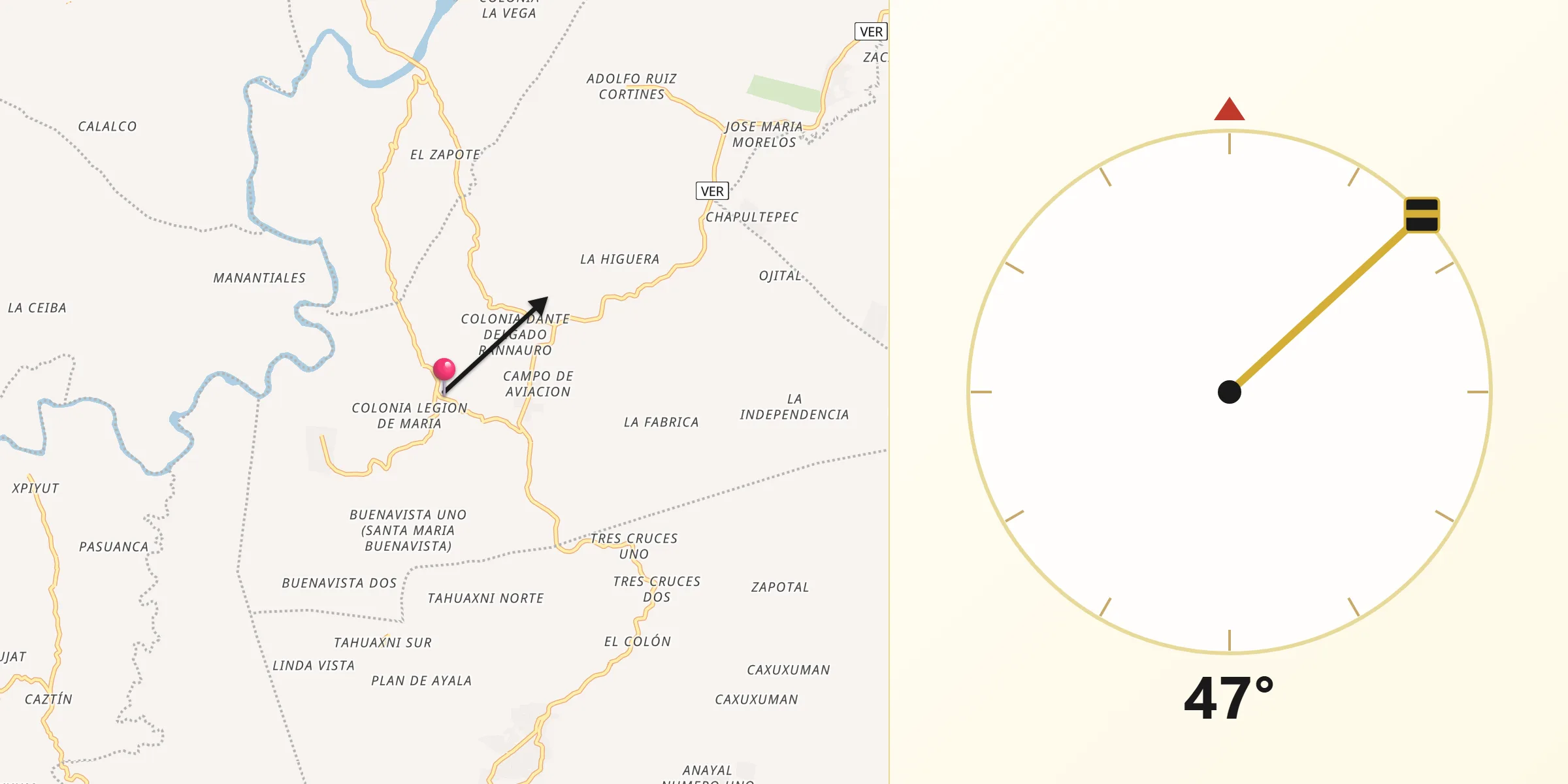 Dirección de la Qibla desde Coxquihui