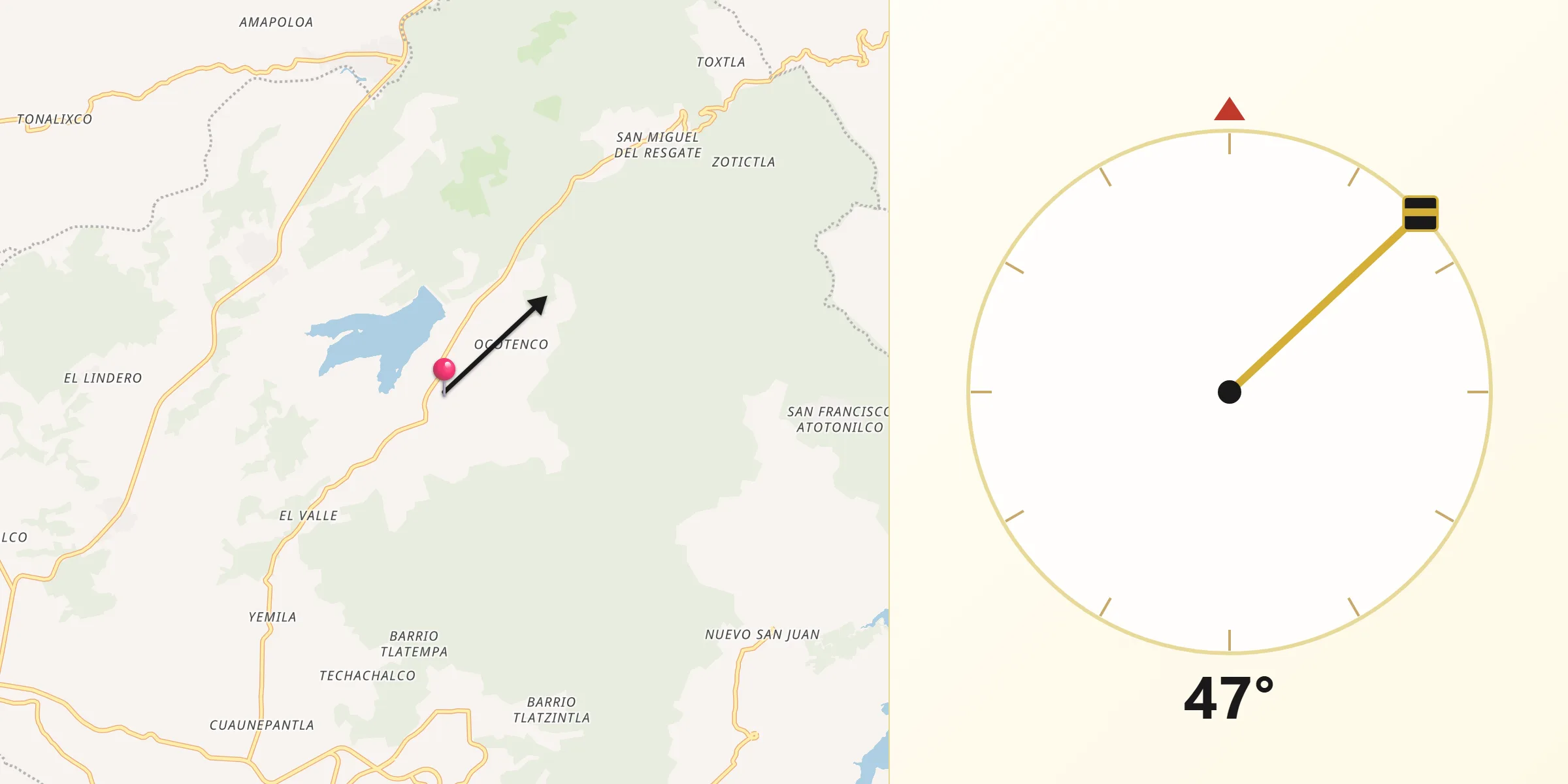 Dirección de la Qibla desde Santa Ana Tzacuala