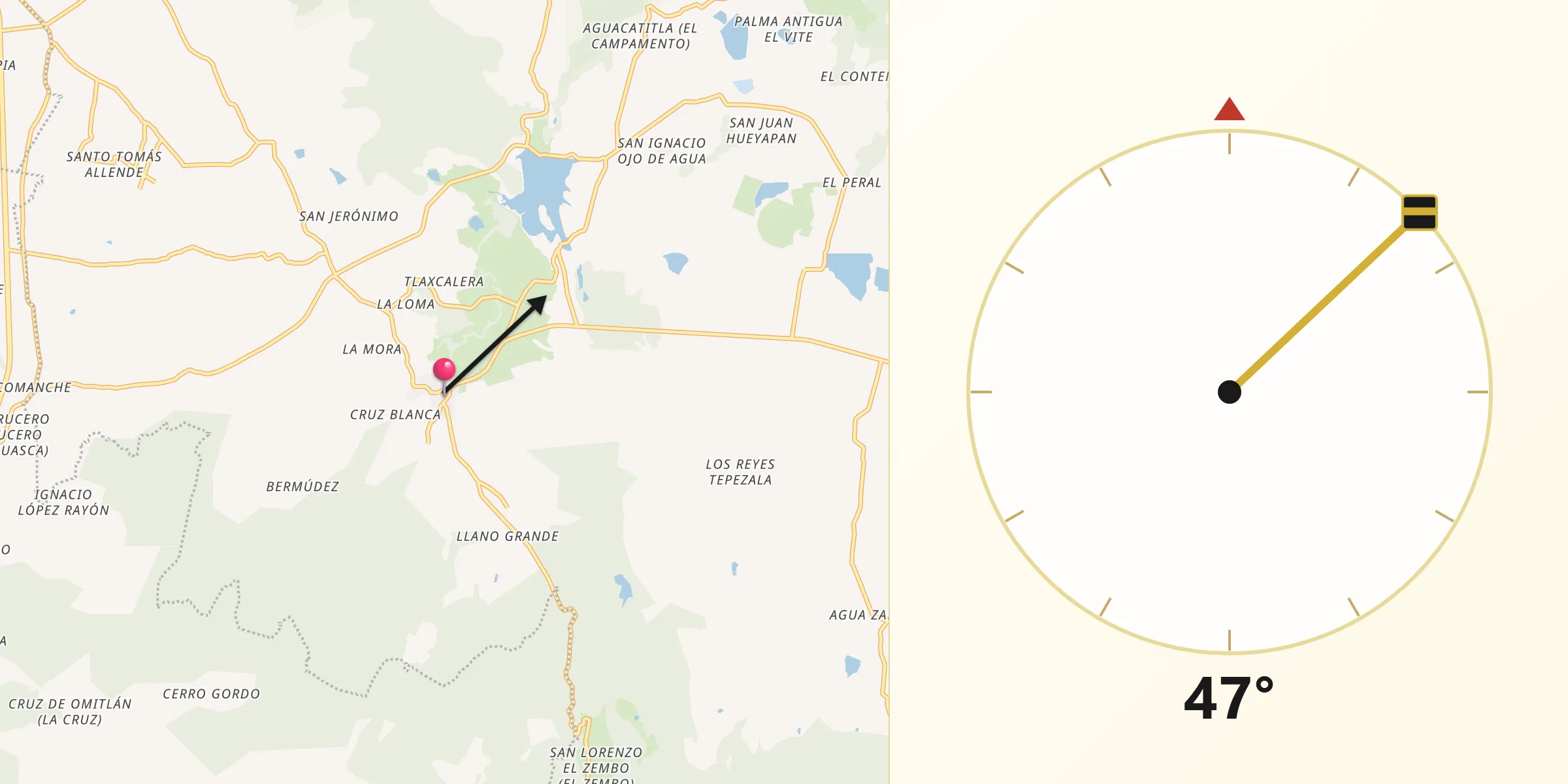 Dirección de la Qibla desde Huasca de Ocampo