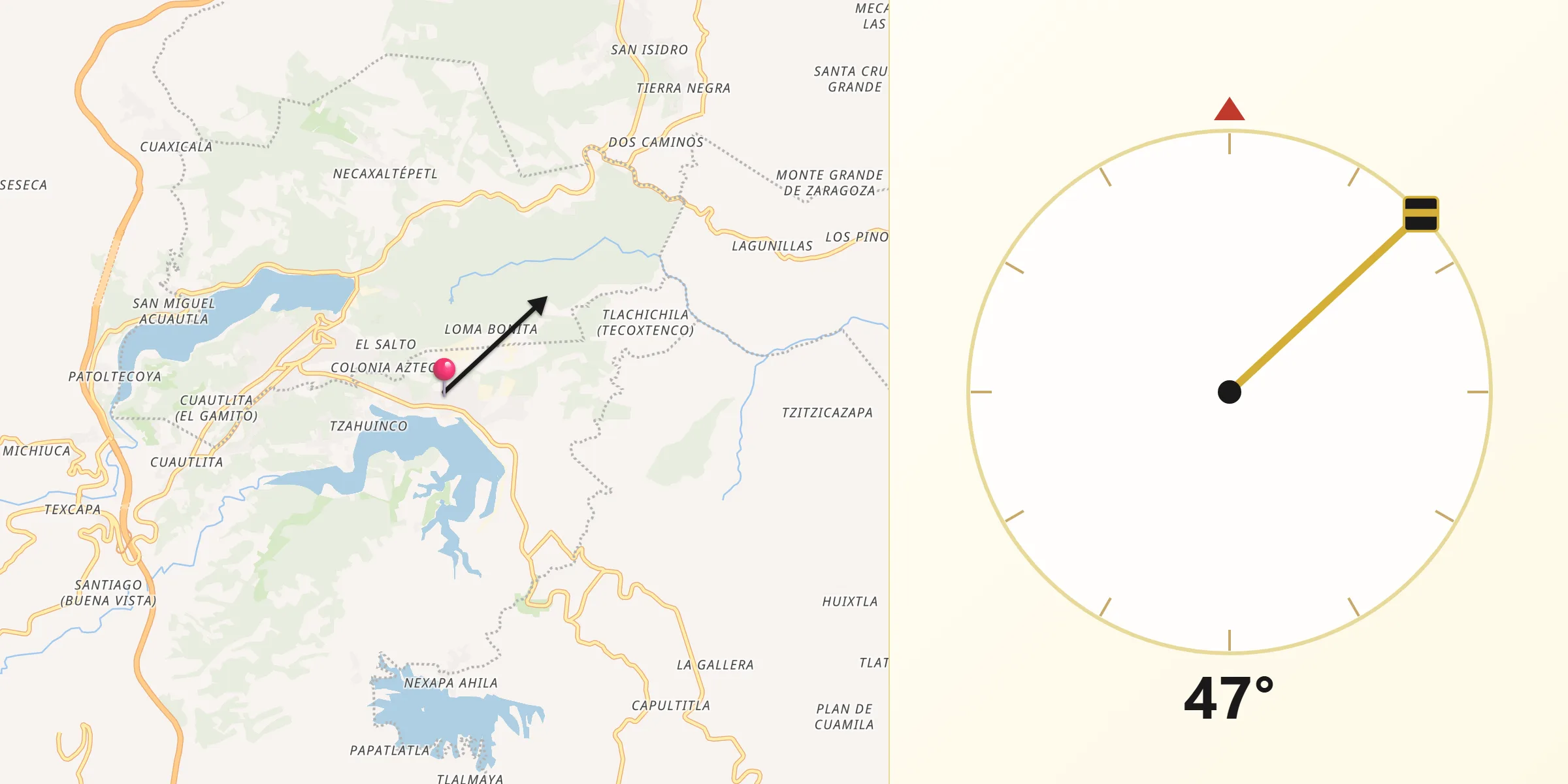 Dirección de la Qibla desde Tenango de las Flores