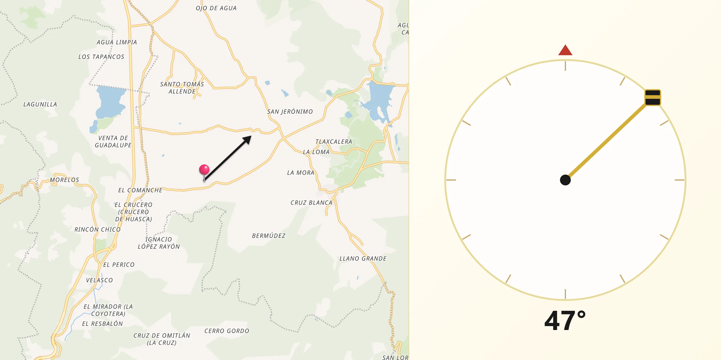 Dirección de la Qibla desde San José Ocotillos