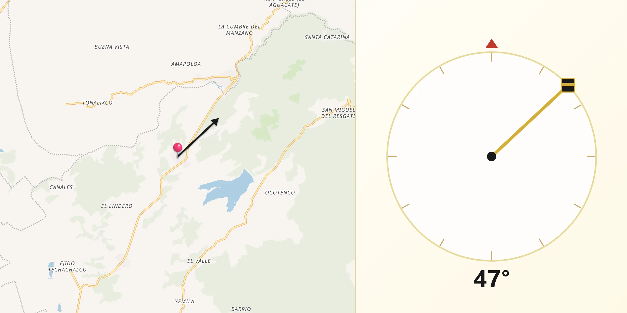 Dirección de la Qibla desde Zacacuautla