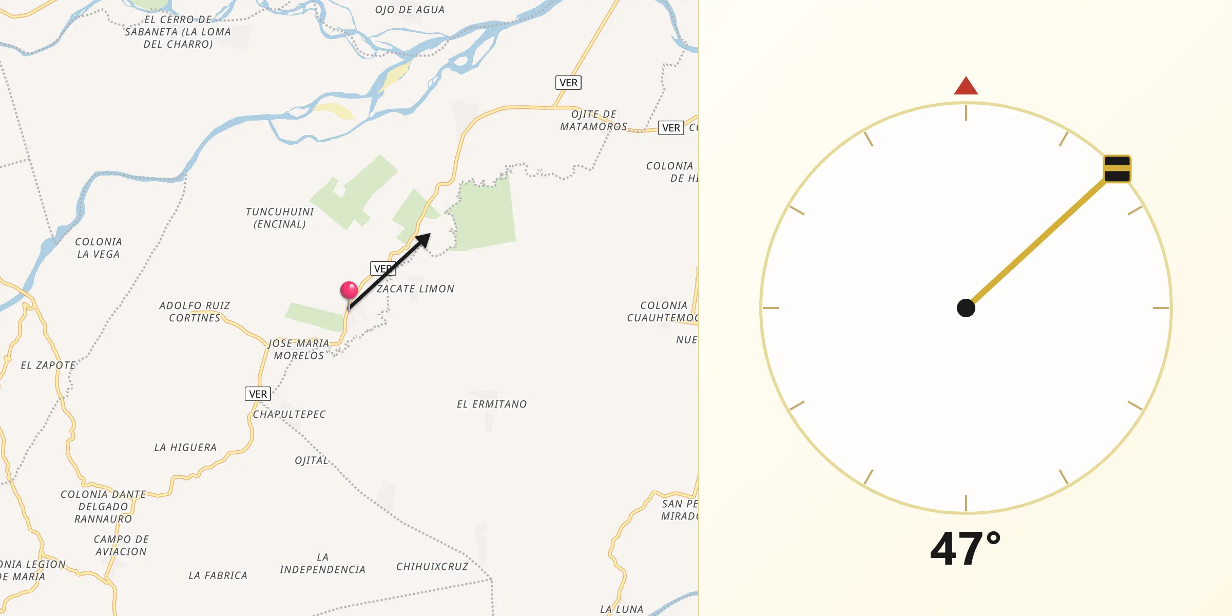 Dirección de la Qibla desde Sabanas de Xalostoc