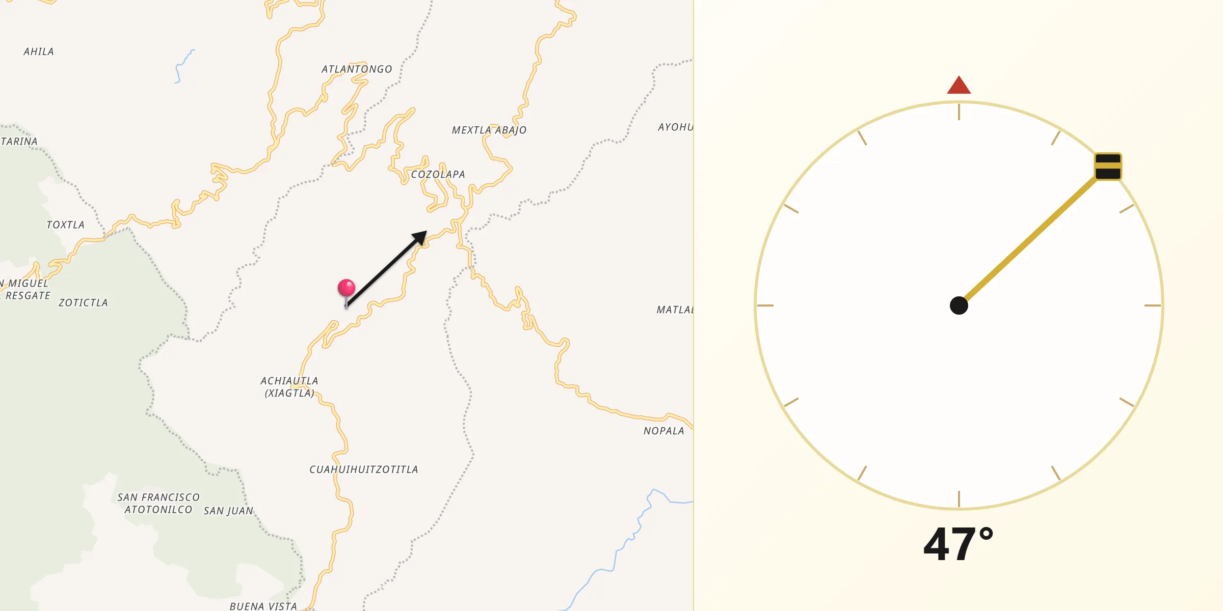 Dirección de la Qibla desde Tlaxpanaloya