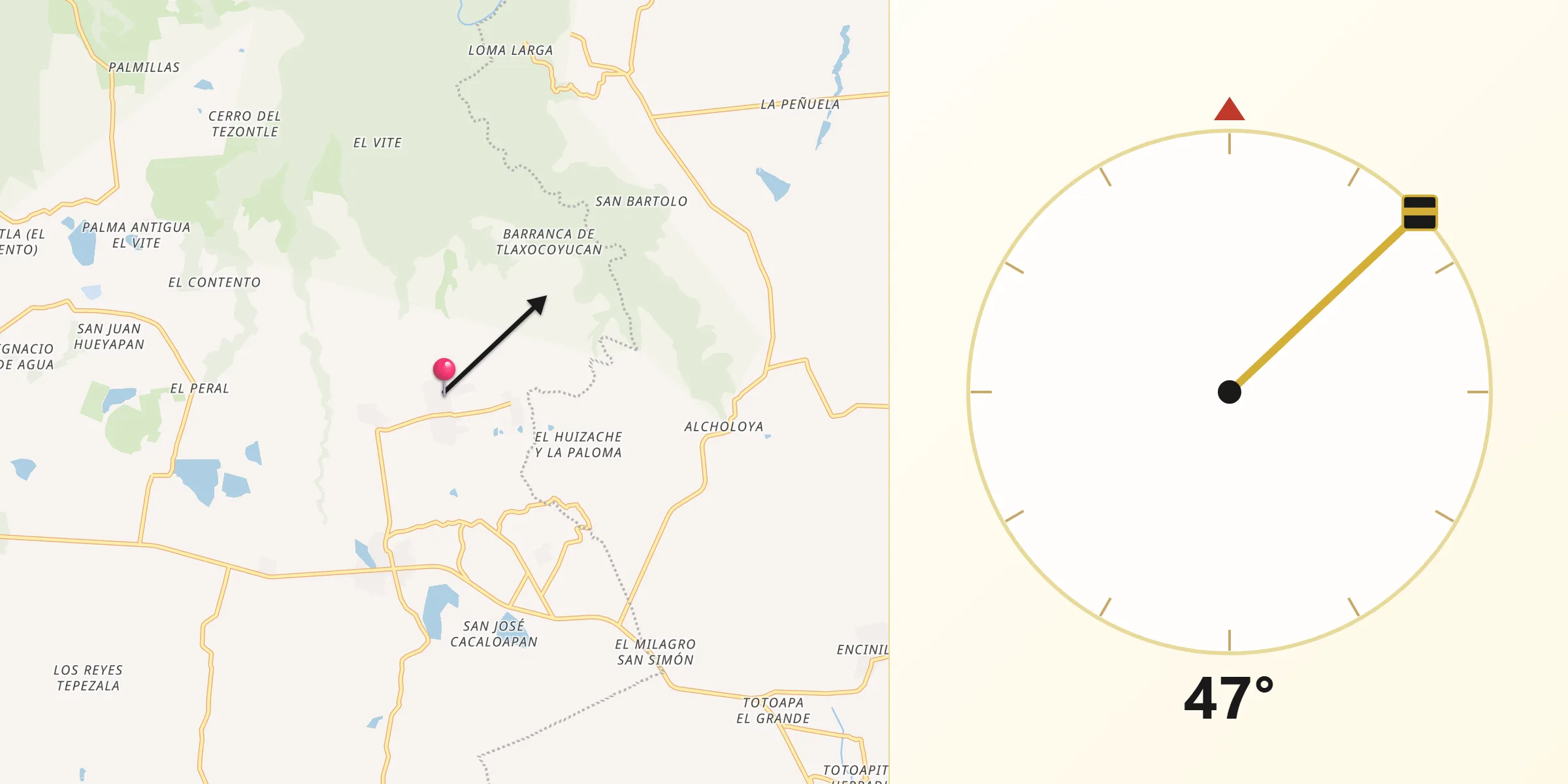 Dirección de la Qibla desde Tlaxocoyucan