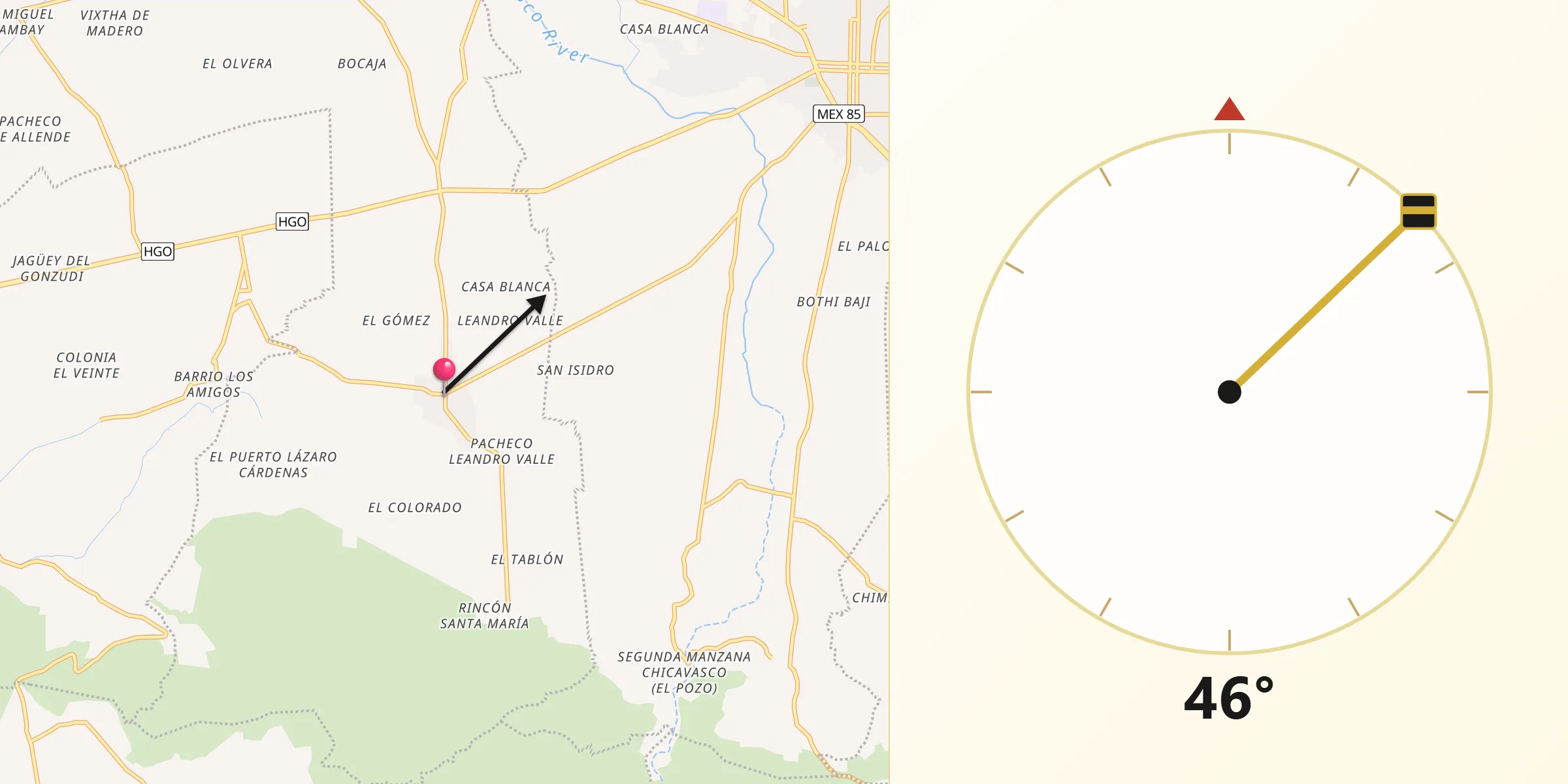 Dirección de la Qibla desde Santa María Amajac