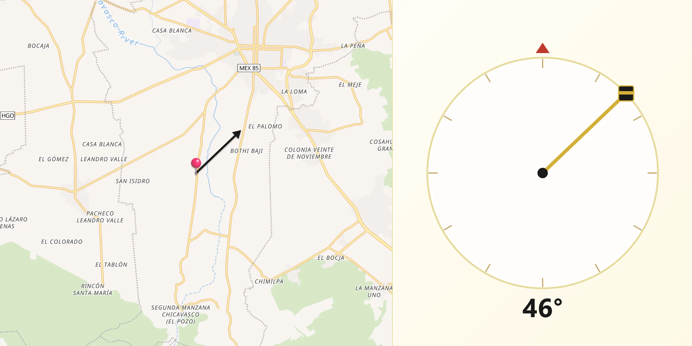 Dirección de la Qibla desde El Huaxtho