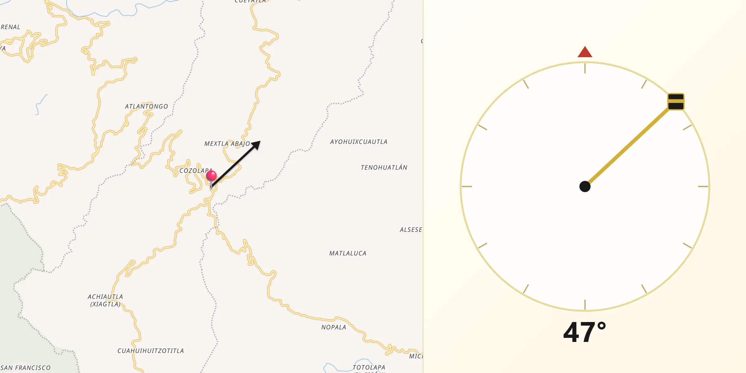 Dirección de la Qibla desde Icxotitla