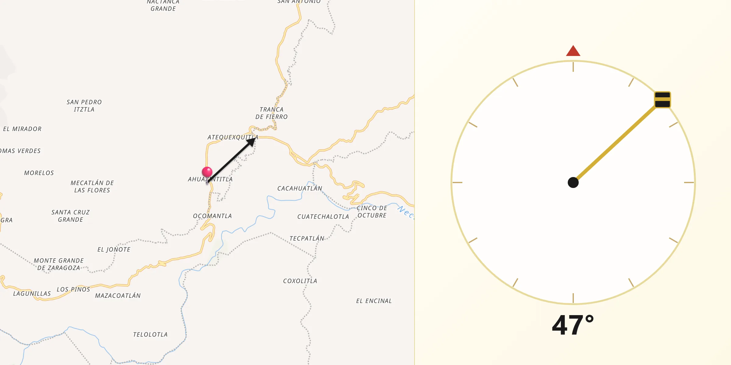 Dirección de la Qibla desde Ahuaxintitla