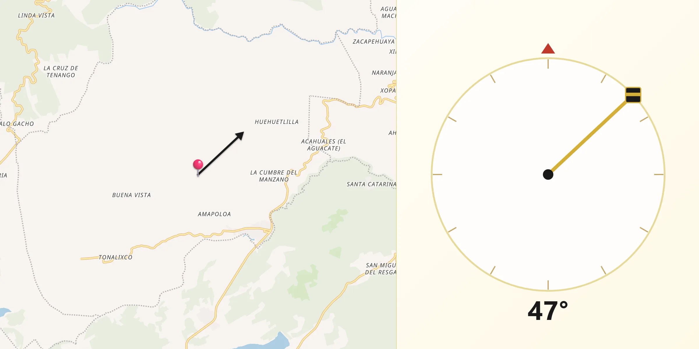 Dirección de la Qibla desde Honey