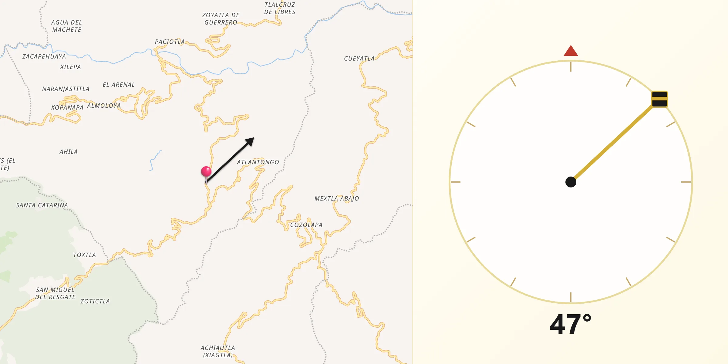 Dirección de la Qibla desde Xolotla