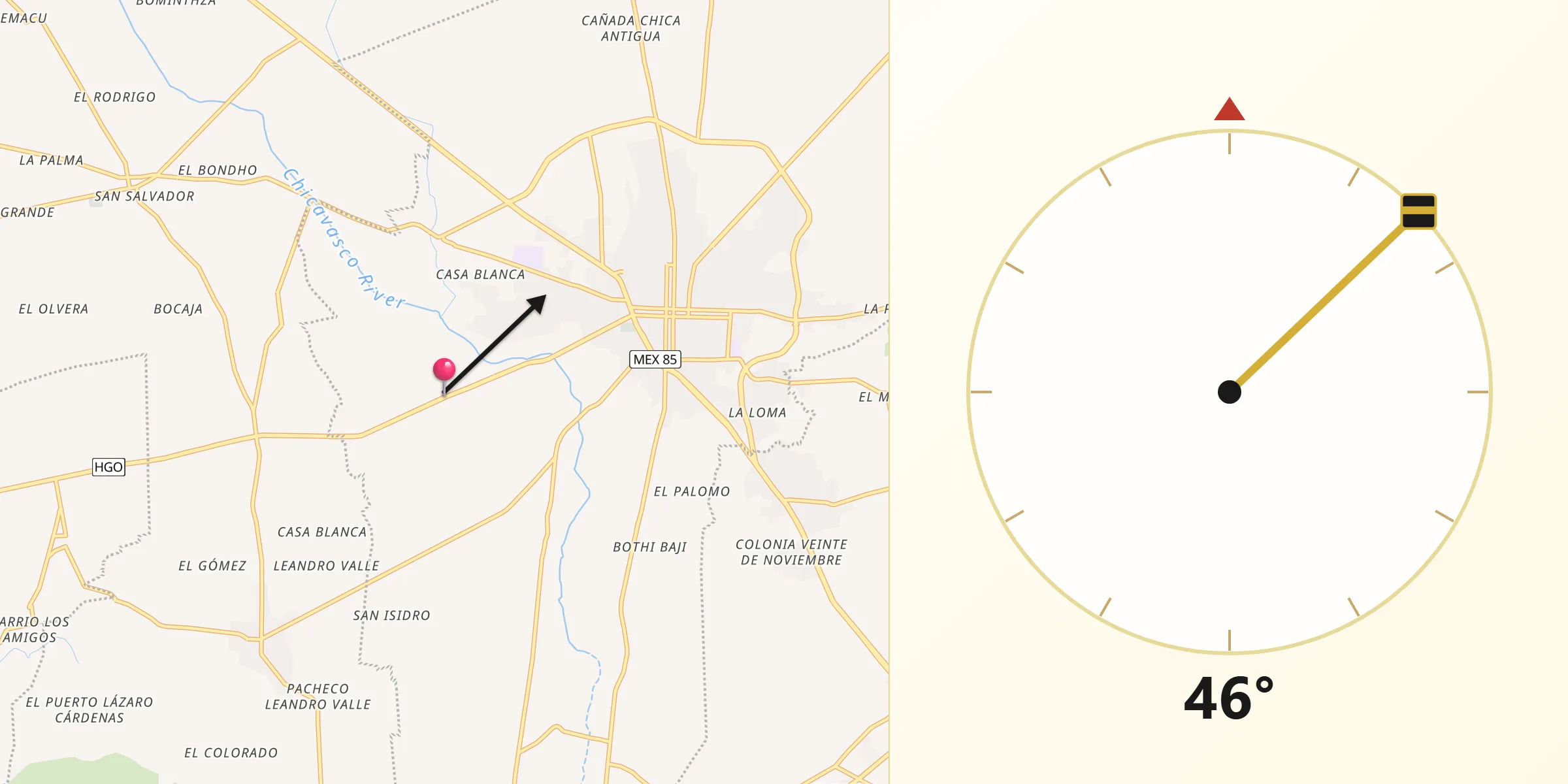 Dirección de la Qibla desde El Boxtha