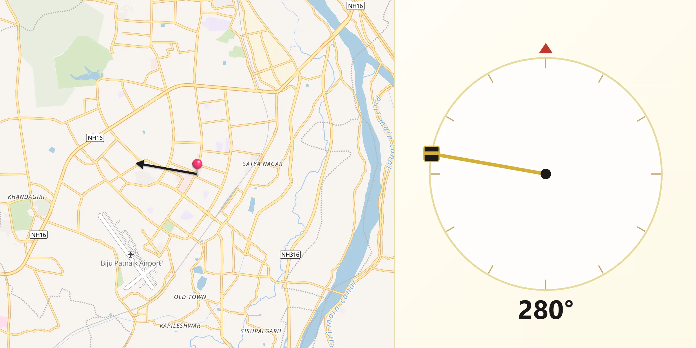 Qibla Direction from Bhubaneswar