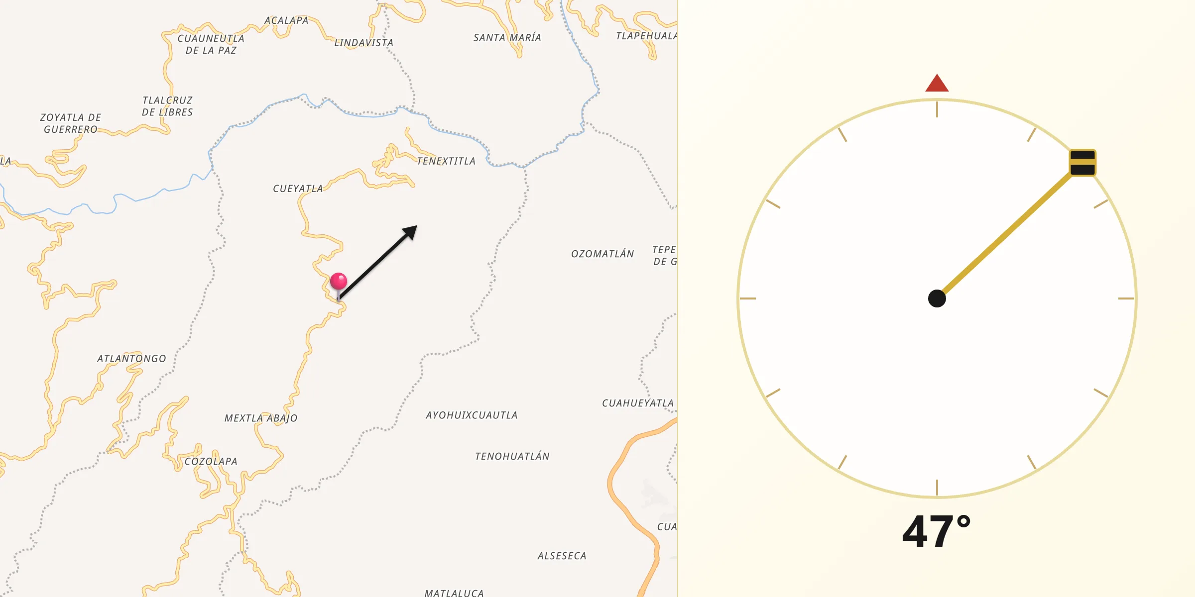Dirección de la Qibla desde Copila