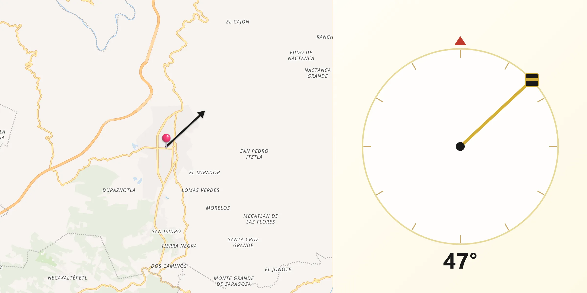 Dirección de la Qibla desde Xicotepec de Juárez