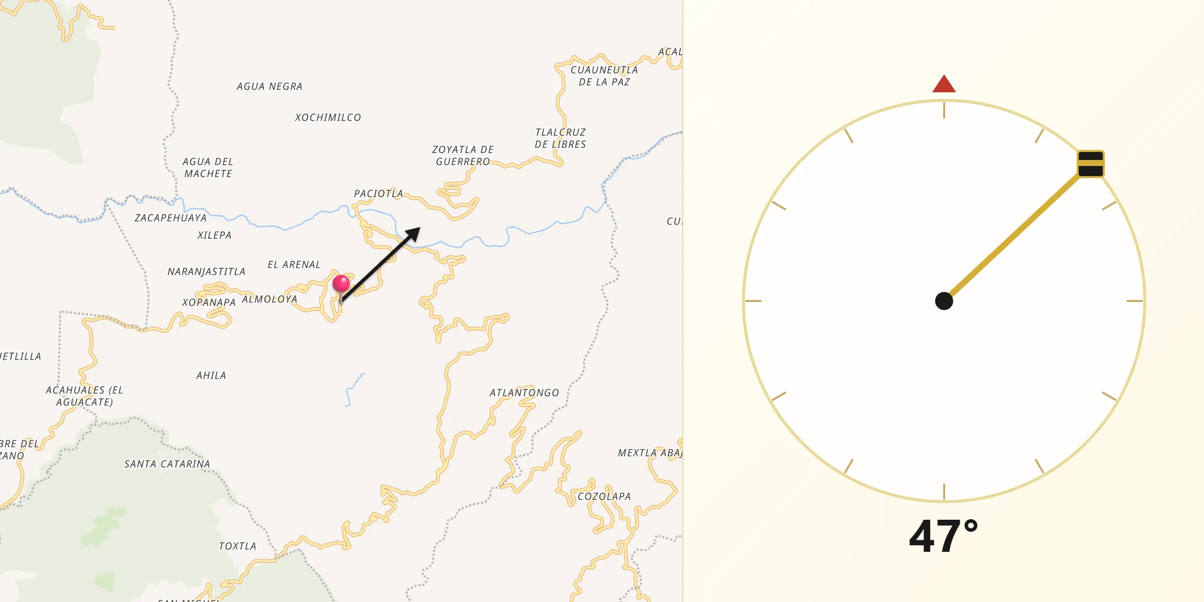 Dirección de la Qibla desde Pahuatlán de Valle