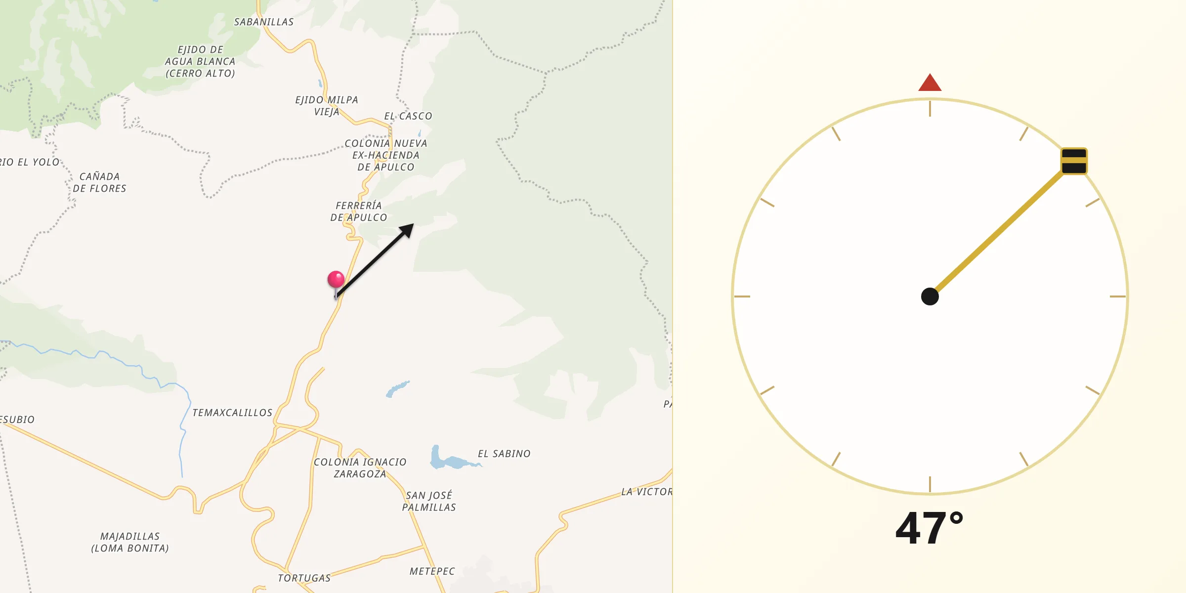 Dirección de la Qibla desde Estación de Apulco