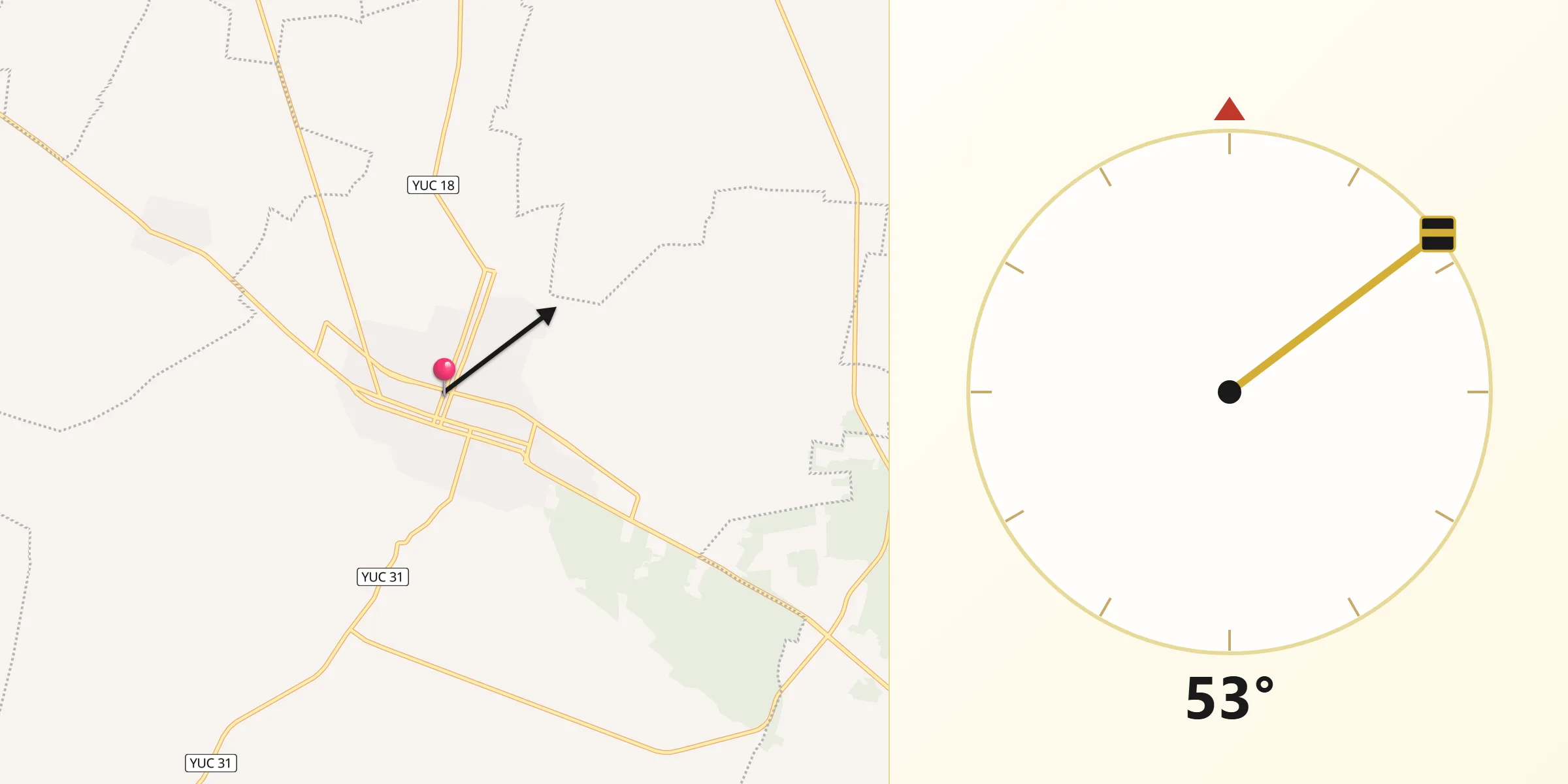 Dirección de la Qibla desde Oxkutzkab