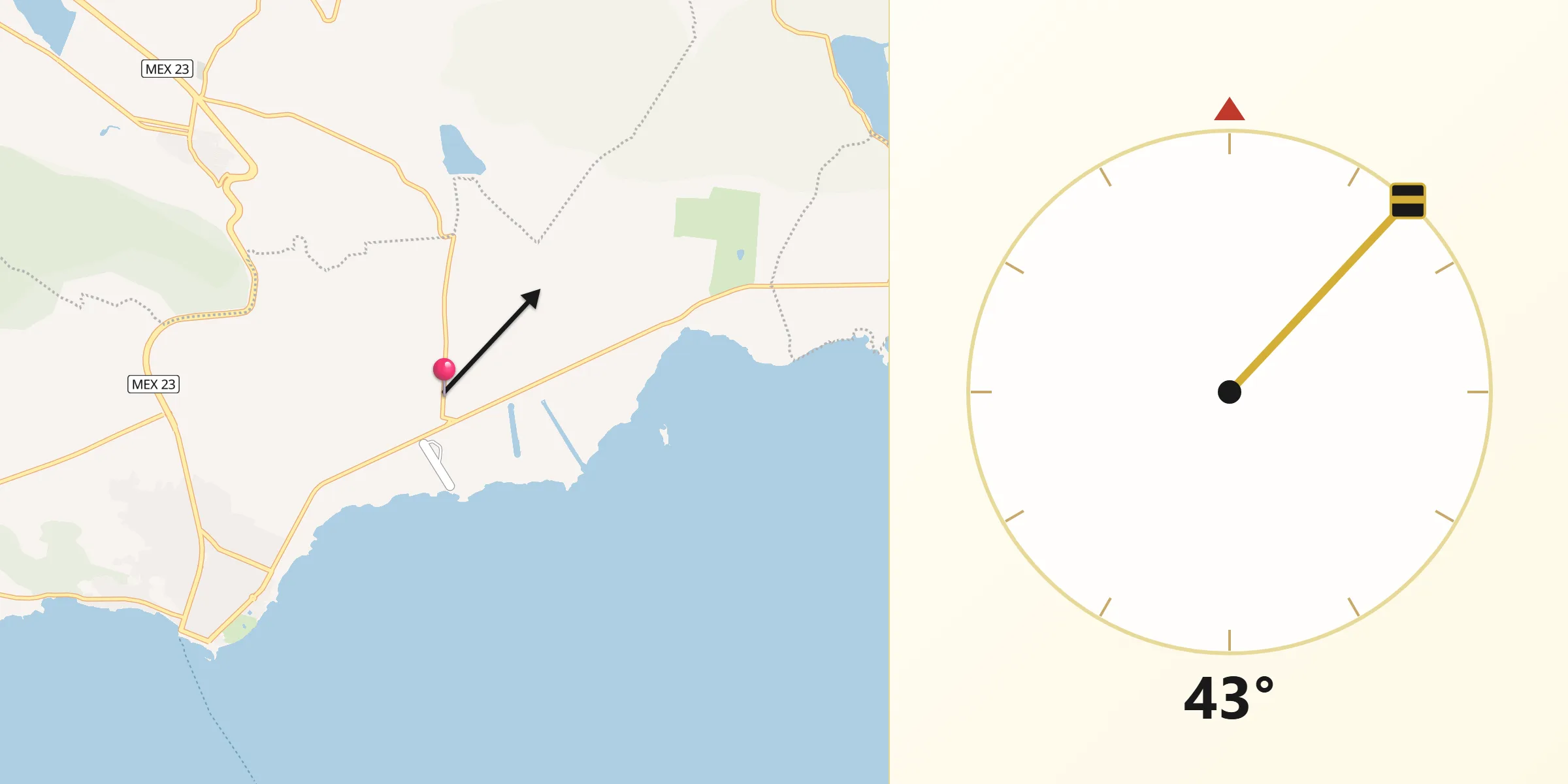 Dirección de la Qibla desde Santa Cruz de la Soledad