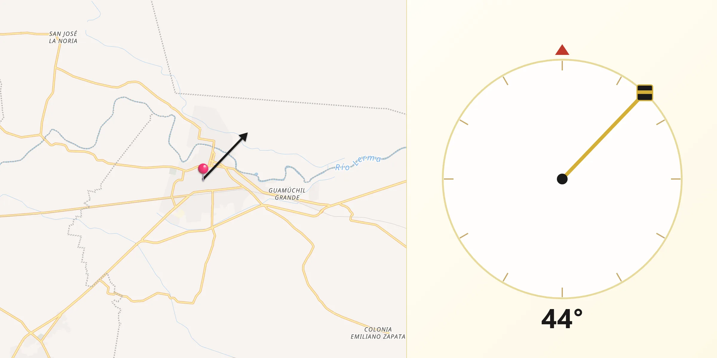 Dirección de la Qibla desde Yurécuaro