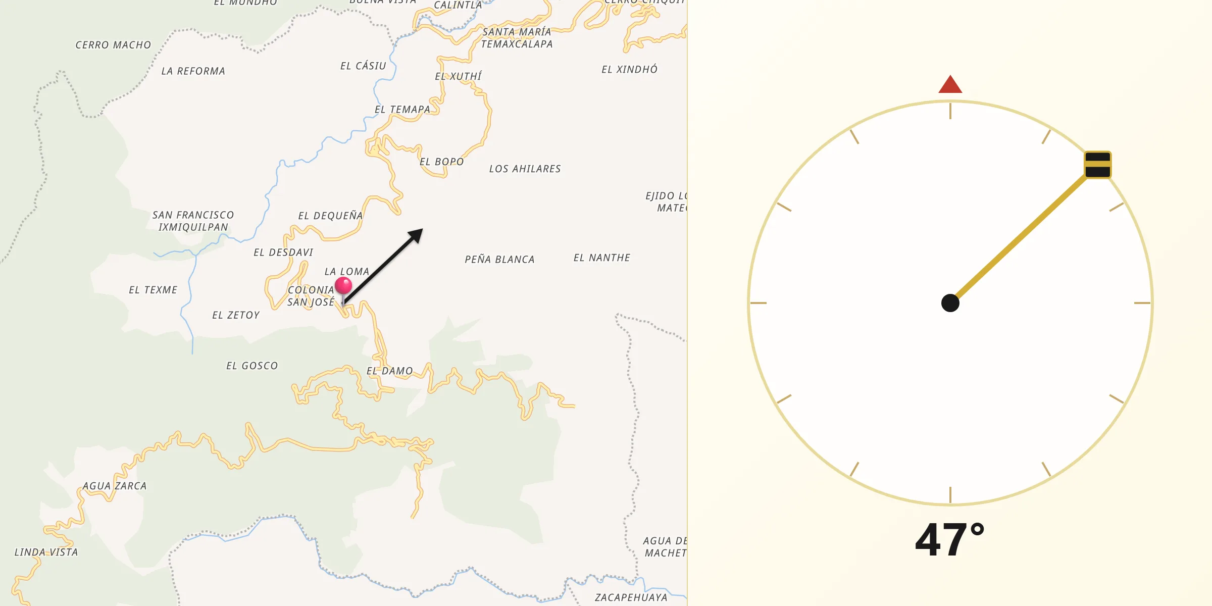Dirección de la Qibla desde Tenango de Doria