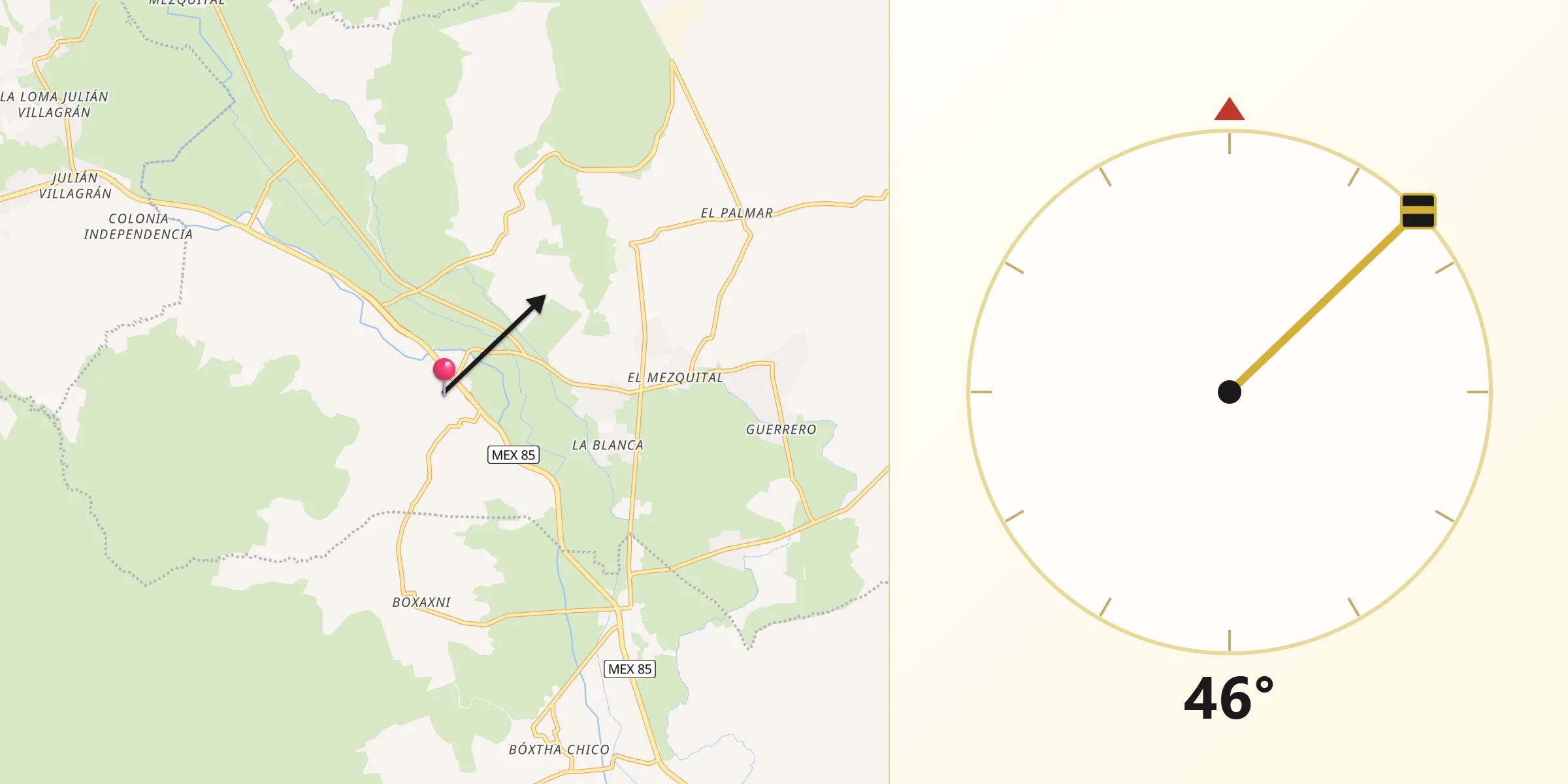 Dirección de la Qibla desde Patria Nueva