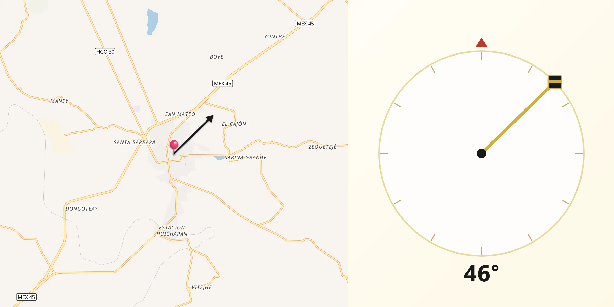 Dirección de la Qibla desde Huichapan