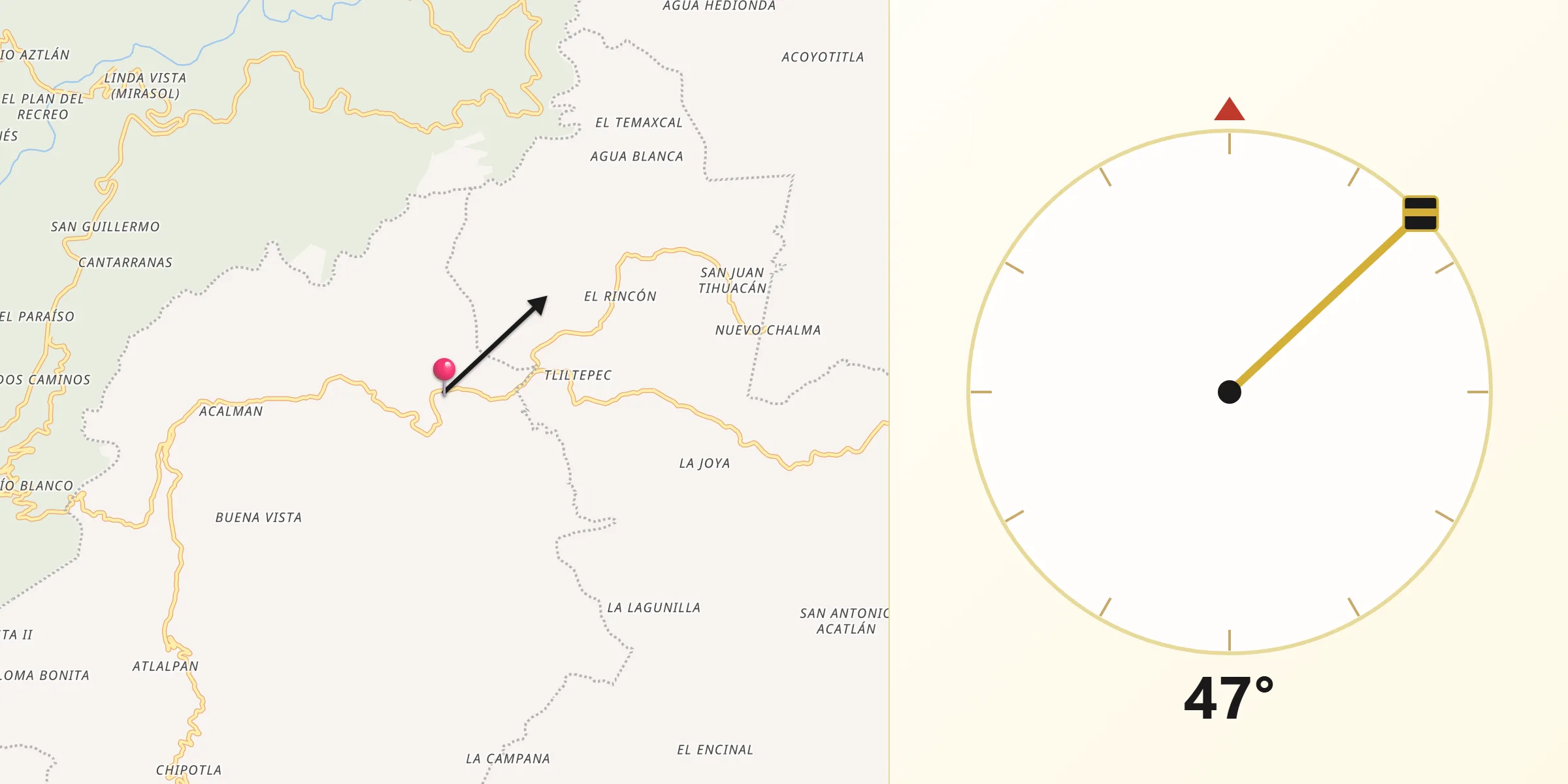 Dirección de la Qibla desde Tlaxco