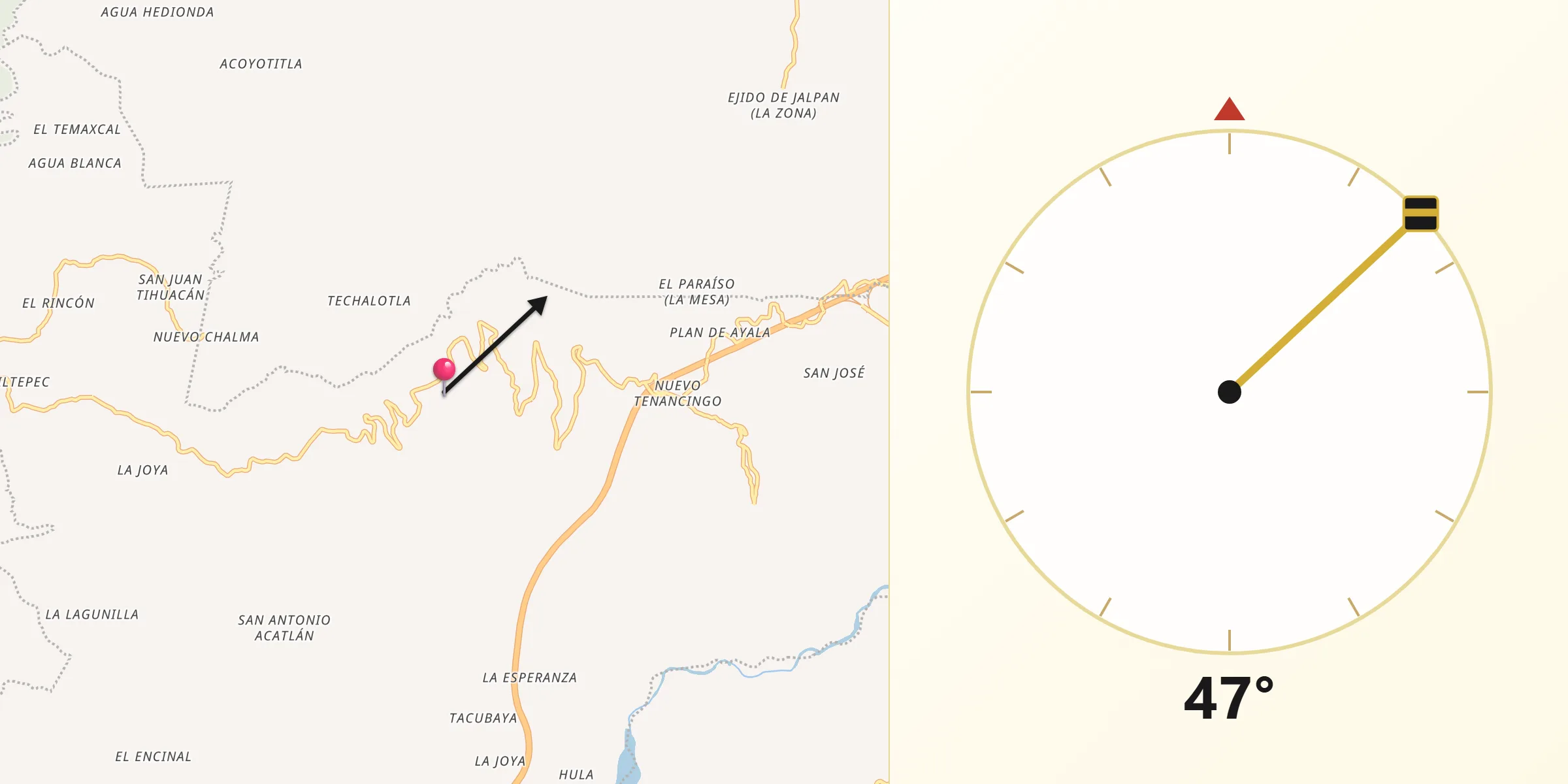 Dirección de la Qibla desde Papaloctipan