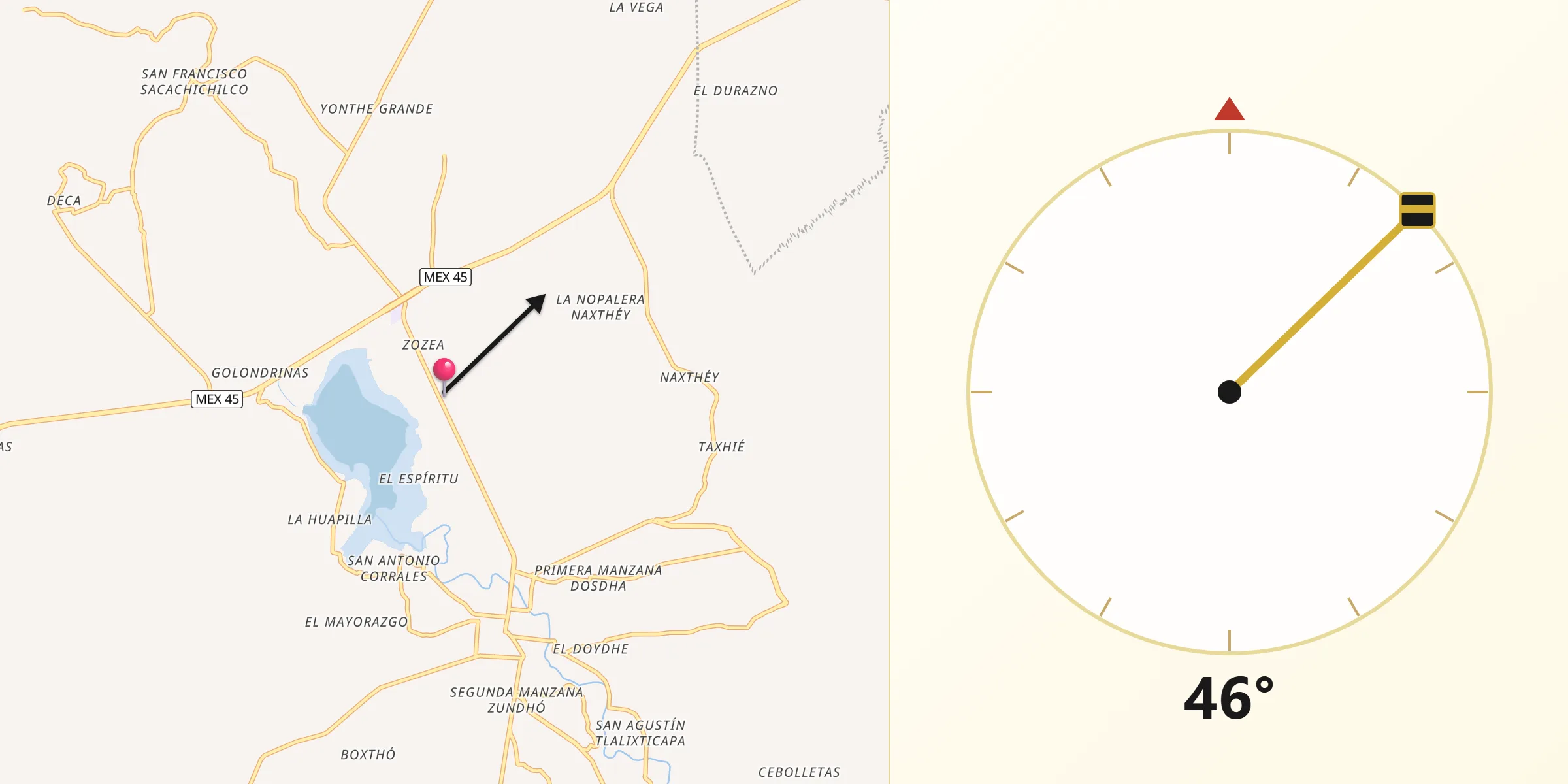 Dirección de la Qibla desde Zocea
