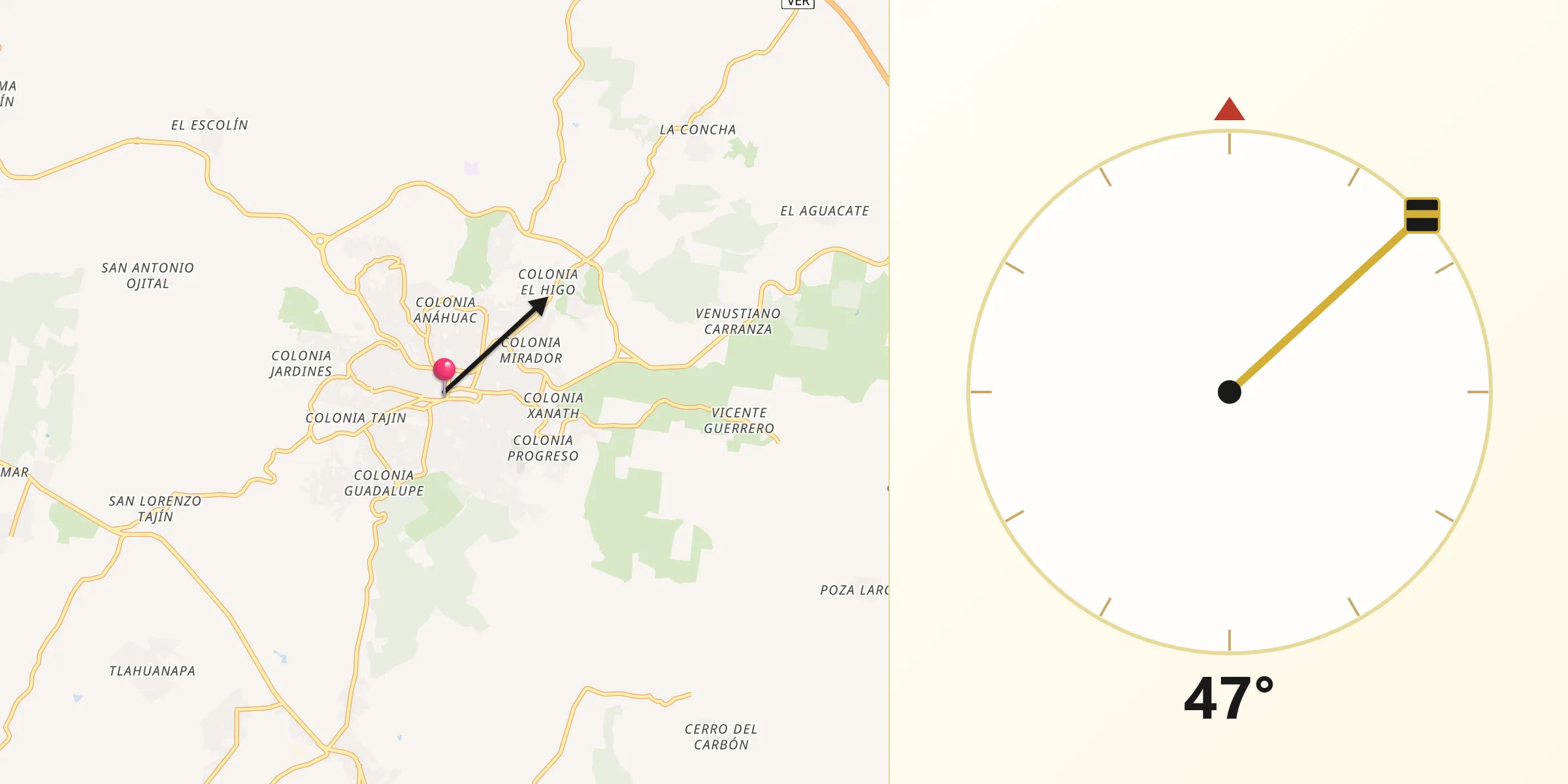Dirección de la Qibla desde Papantla de Olarte