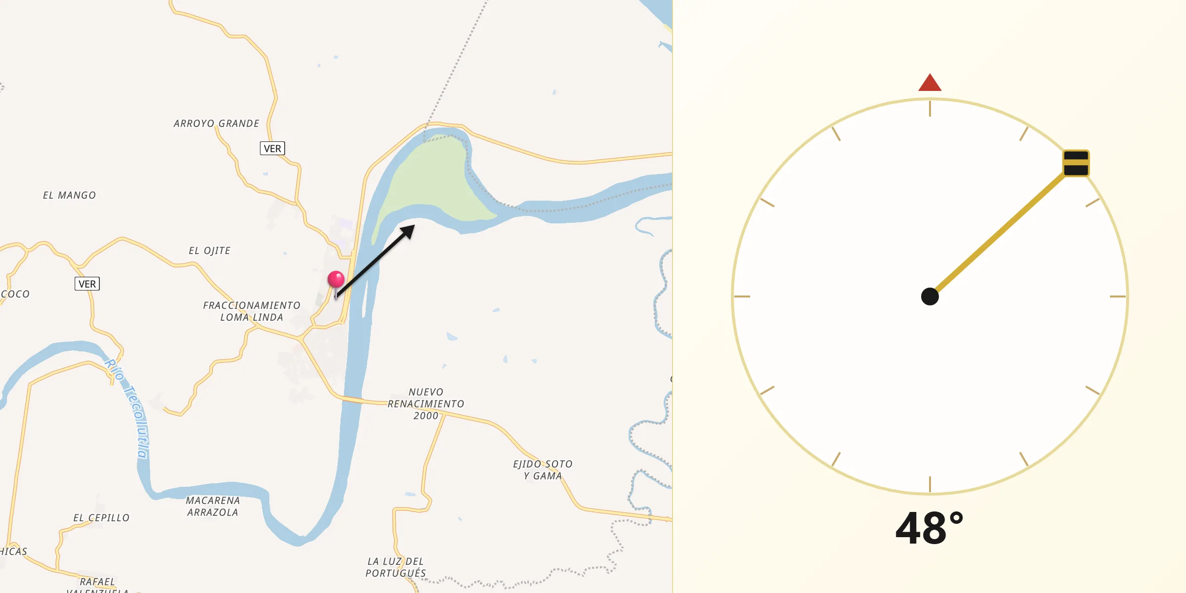 Dirección de la Qibla desde Gutiérrez Zamora