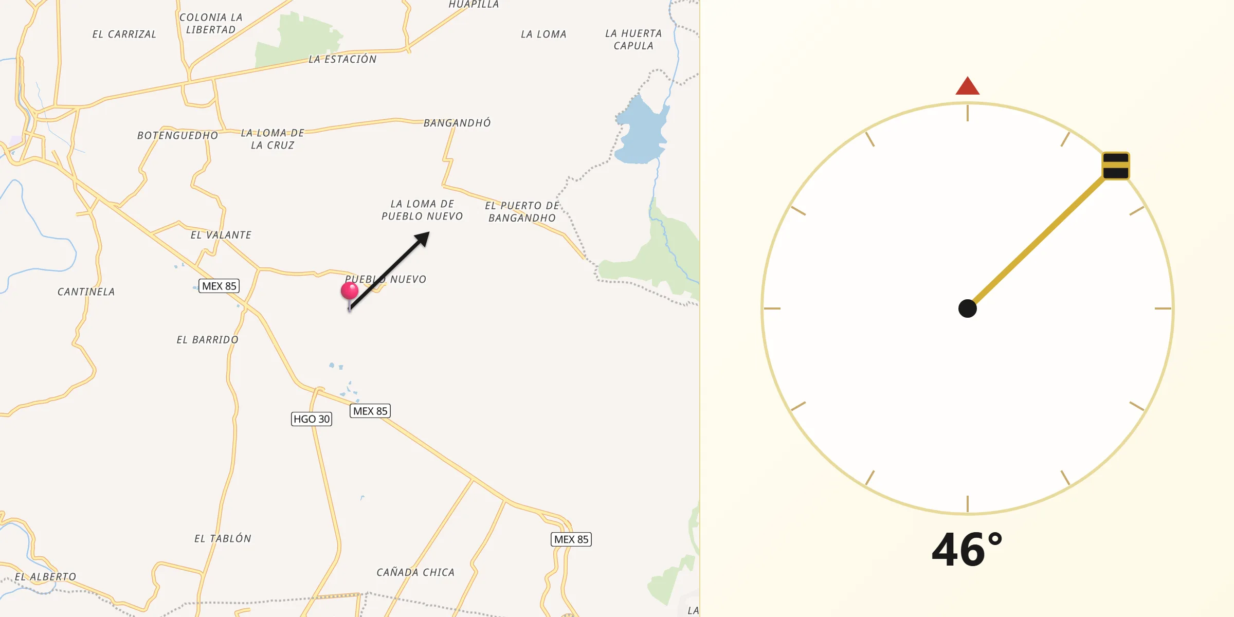 Dirección de la Qibla desde Pueblo de Caña